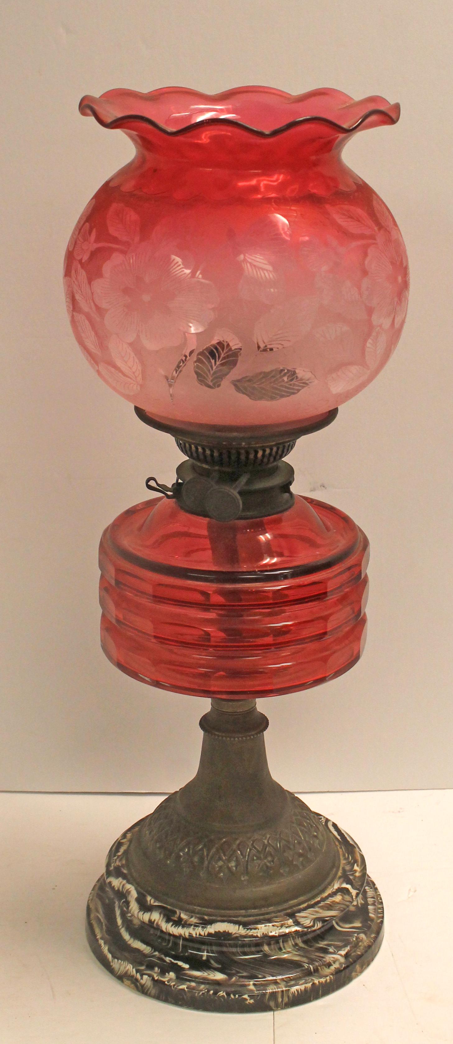 Victorian cranberry glass oil lamp - 19 1/2" tall (1 of 5)