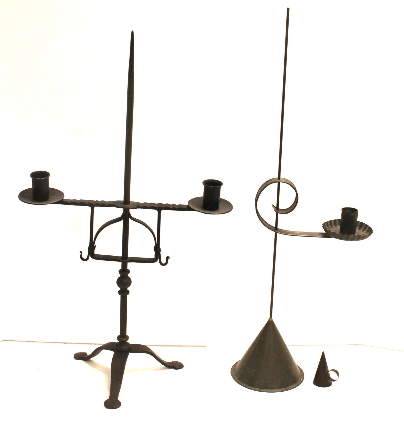 Lot of 2 primitive antique style lighting devices incl 2 arm iron candelabra & tin weighted (1 of 7)