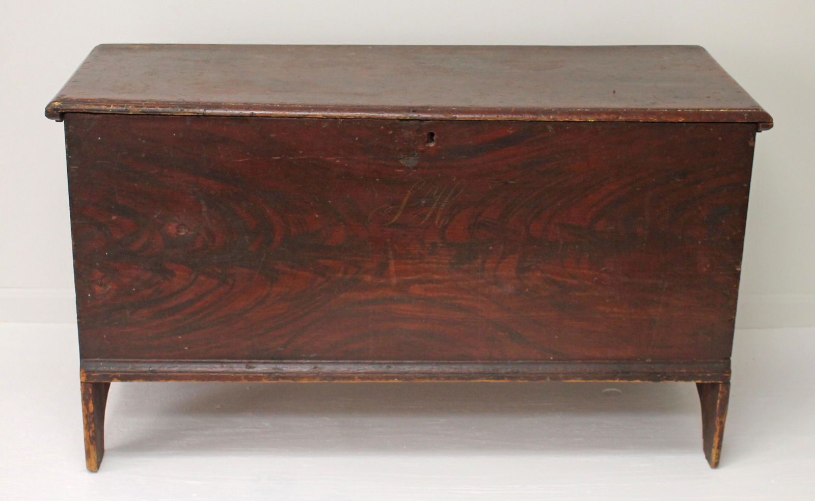 Antique red & black grain painted blanket chest w boot jack ends - 28" tall x 46" wide x 18" deep (1 of 10)