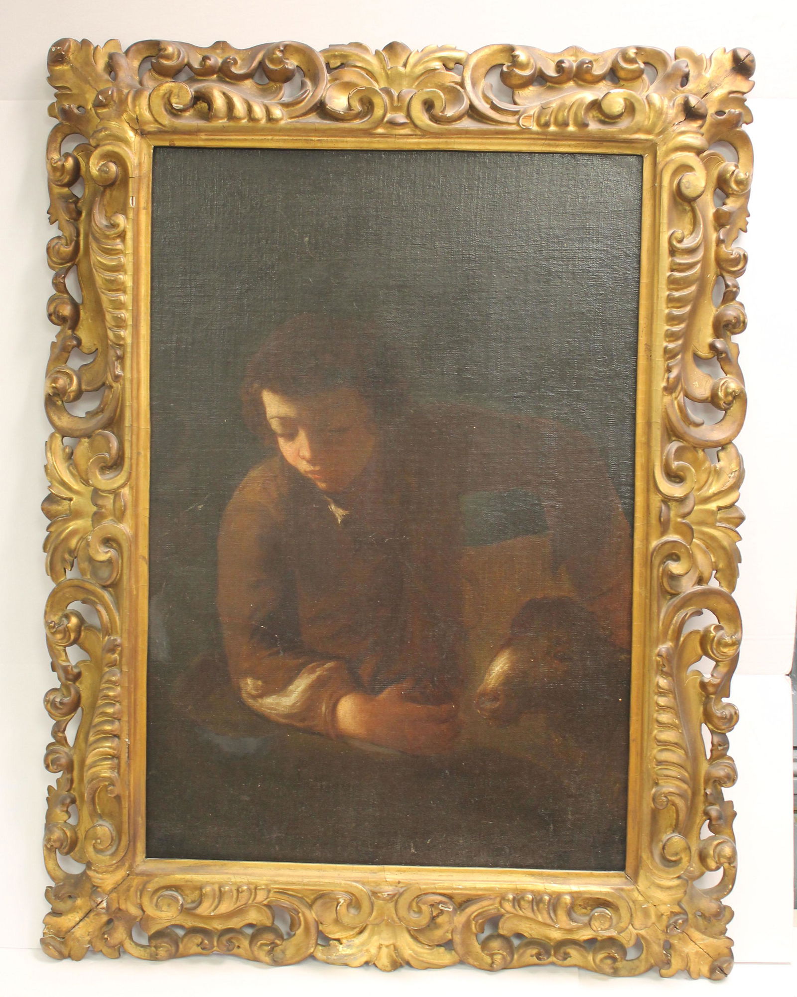 Antique o/c of a young boy w a goat in fancy carved frame - 29"x20" (1 of 11)