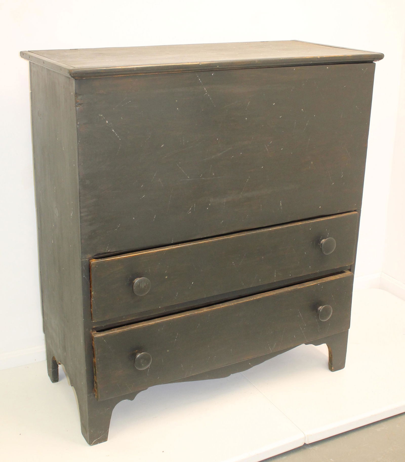Antique 2 dr blanket chest in later black paint w scallop carved sides - 42" tall x 37 3/4" wide x (1 of 12)