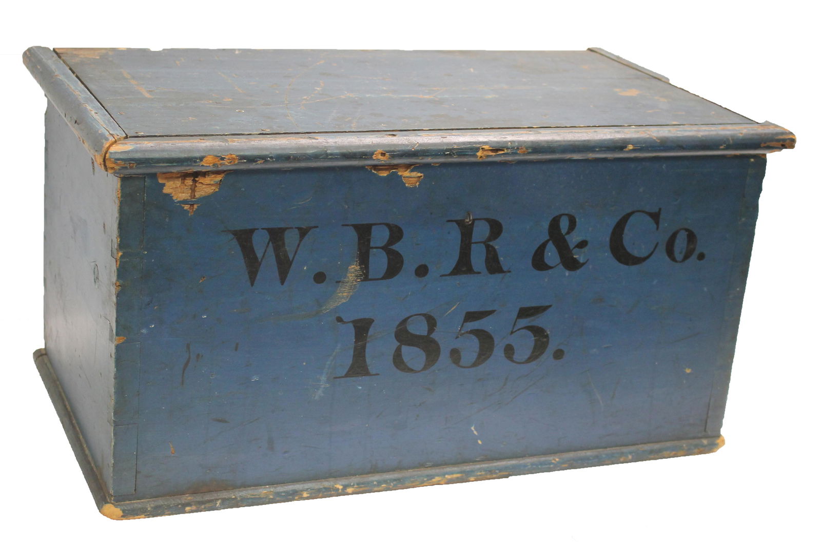 Antique carved & painted wood box in blue paint w "W.B.R. & Co 1855" black stencilled dec - 21 1/4" (1 of 7)