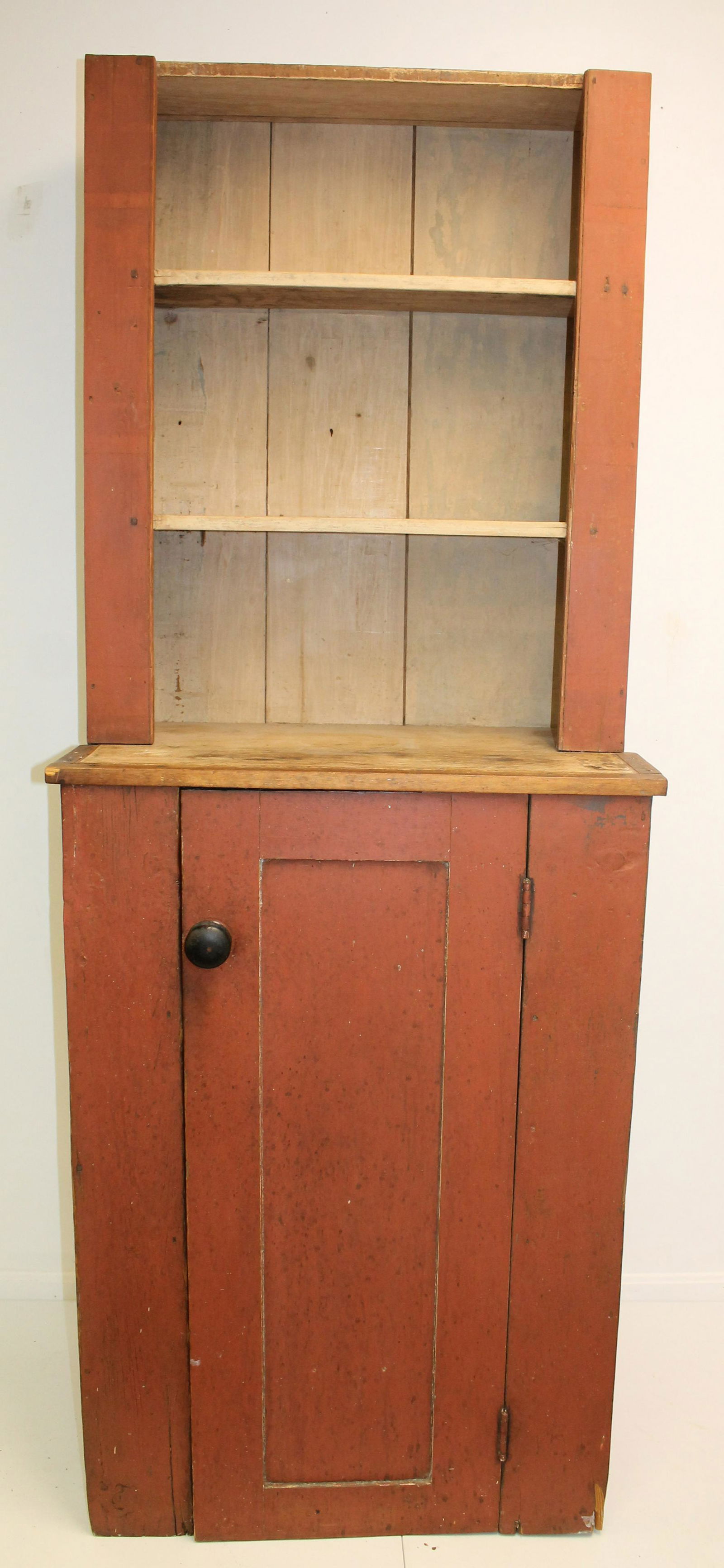 Interesting form tall & narrow proportion stepback cupboard in red paint - 79" tall x 30 1/4" wide x (1 of 8)