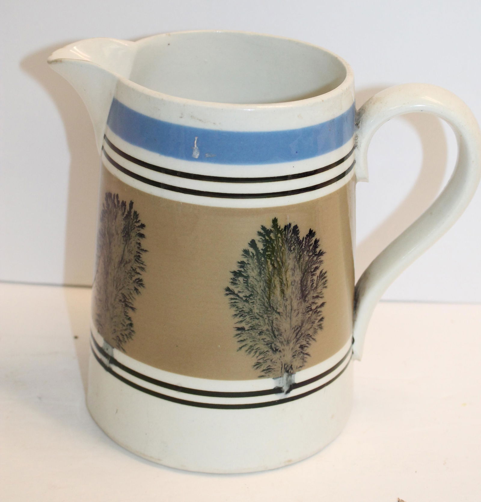 19thC Mochaware Pitcher w Seaweed Decoration. No apparent damage or repair. 6" tall (1 of 4)