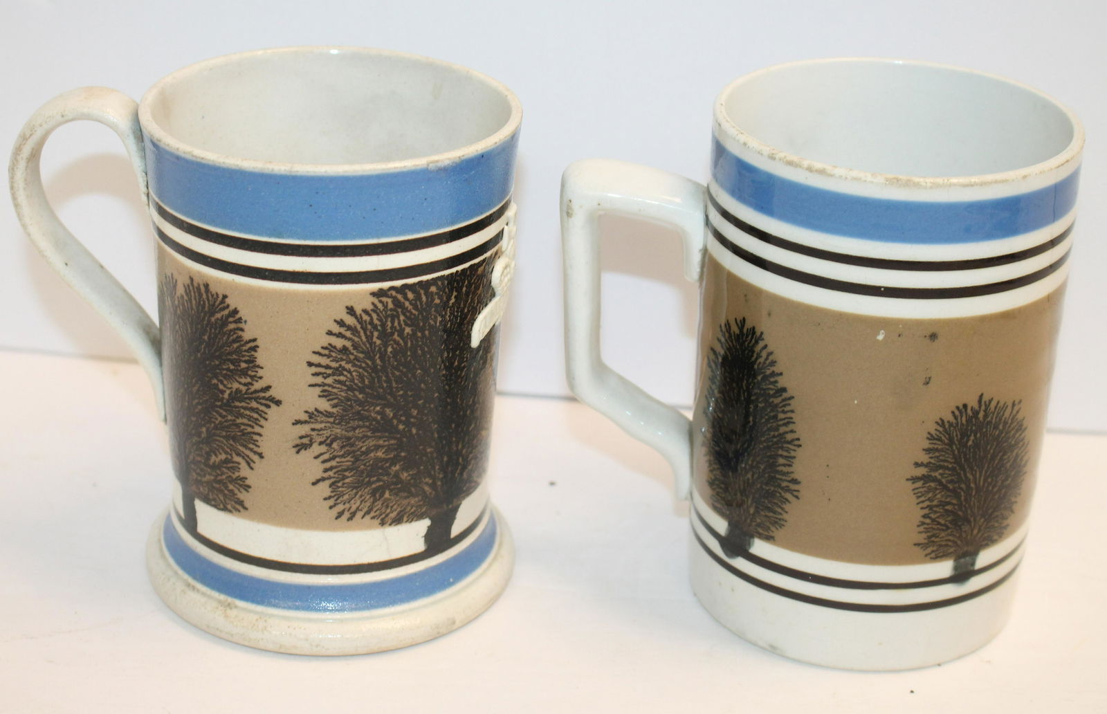 Lot 2 Brown Banded Mochaware Mugs with Seaweed Decoration. Black Banded Pearlware With 1" hairline (1 of 5)