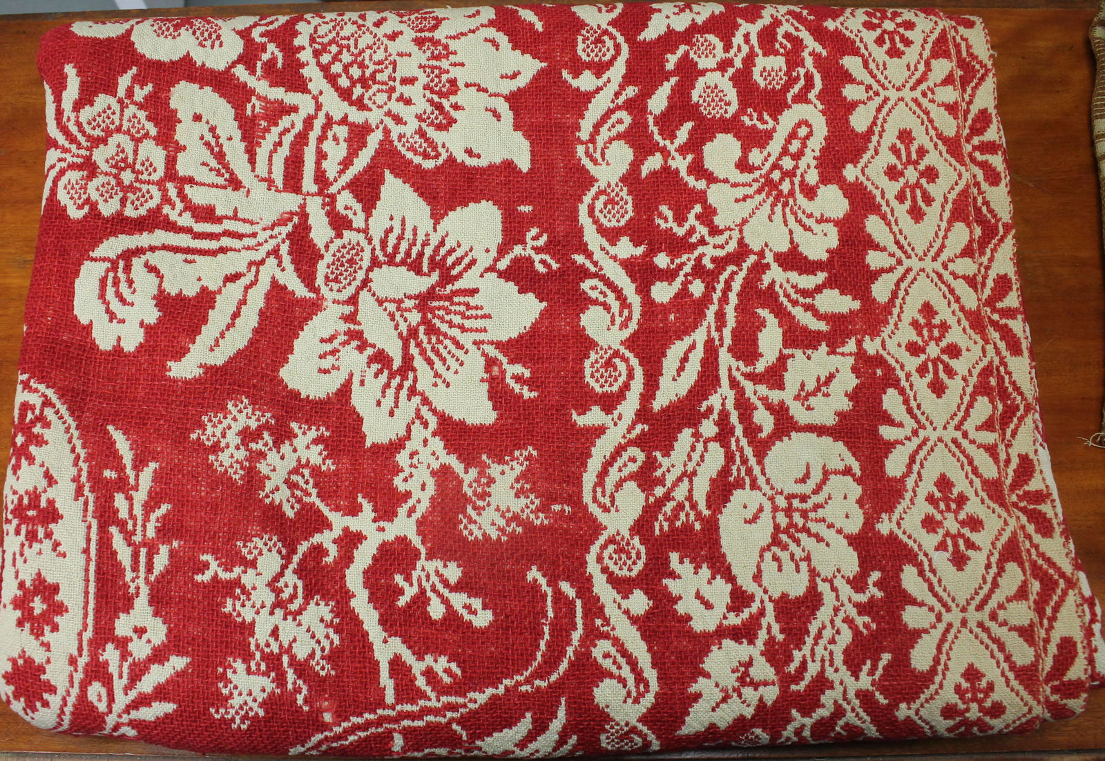 Antique red coverlet dated 1854 w very pretty bird & floral motif - 102"x91" (1 of 2)
