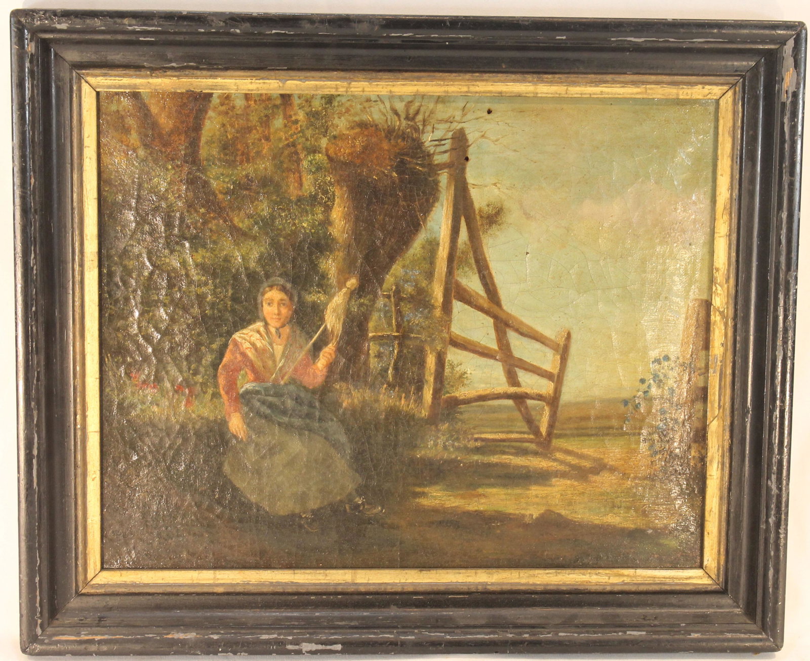 Antique 13"x16" o/c of a woman spinning flax in a countryside setting - sgnd illegibly: Antique 13"x16" o/c of a woman spinning flax in a countryside setting - sgnd illegibly