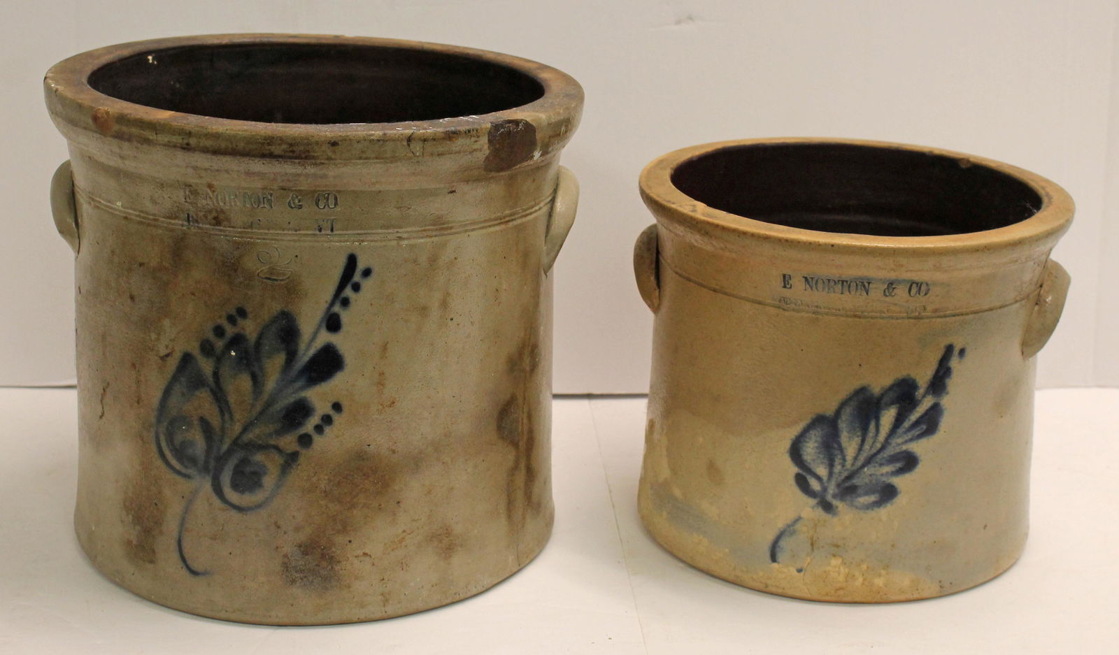 Lot of 2 E. Norton & Co Bennington, VT stoneware crocks w cobalt dec - 1 gal is 8 1/2" diam x 7" (1 of 16)