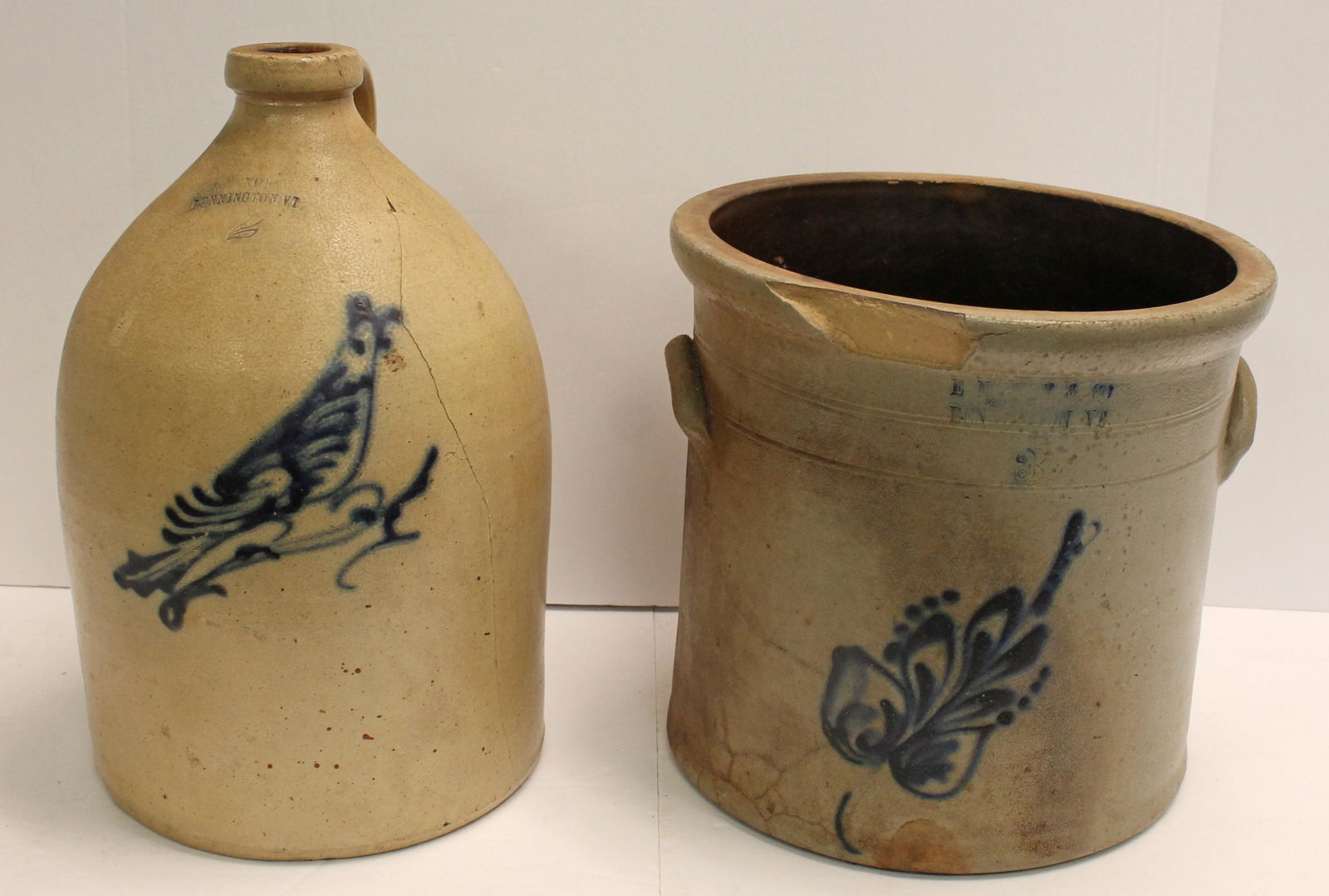 Lot of 2 stoneware cobalt dec items incl 3 gal E. Norton & Co Bennington, VT crock -11" diam x 10" (1 of 12)