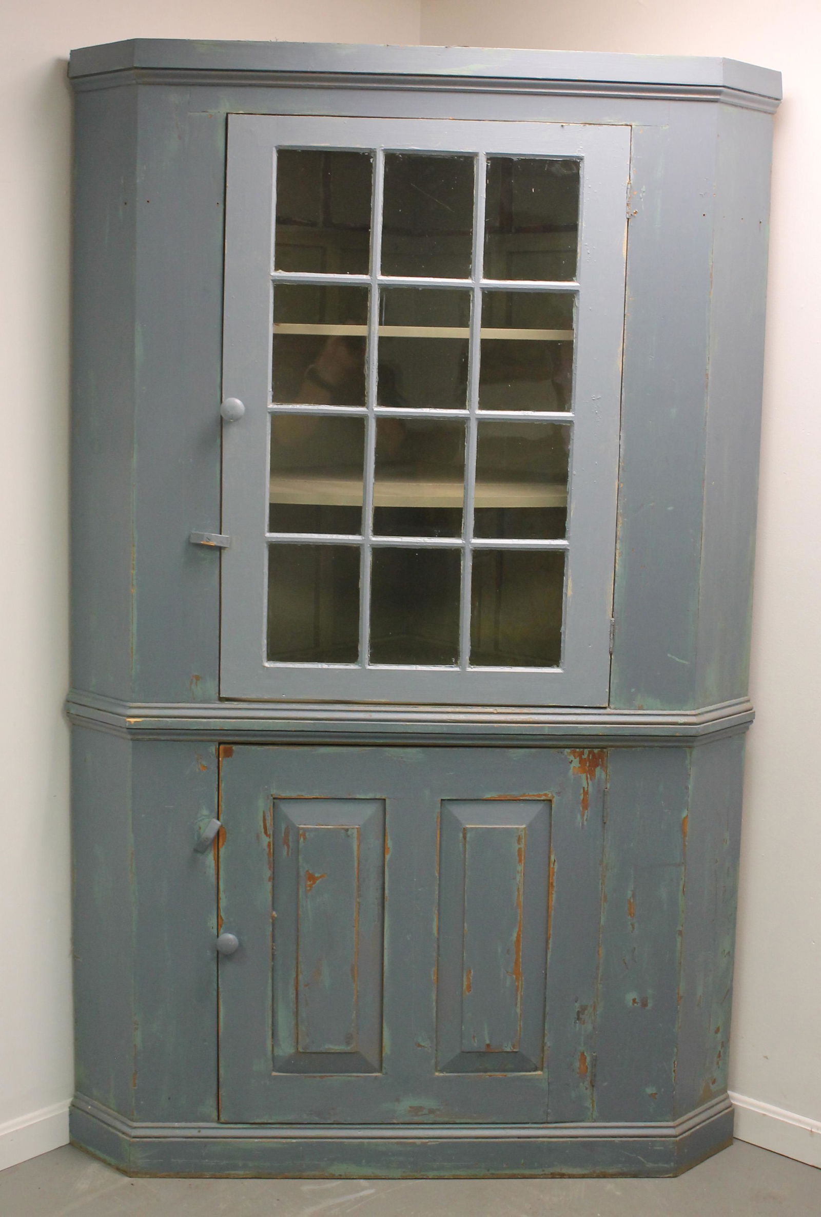 Antique/Vintage corner cupboard w glazed glass upper door & wooden lower door in later blue paint - (1 of 7)