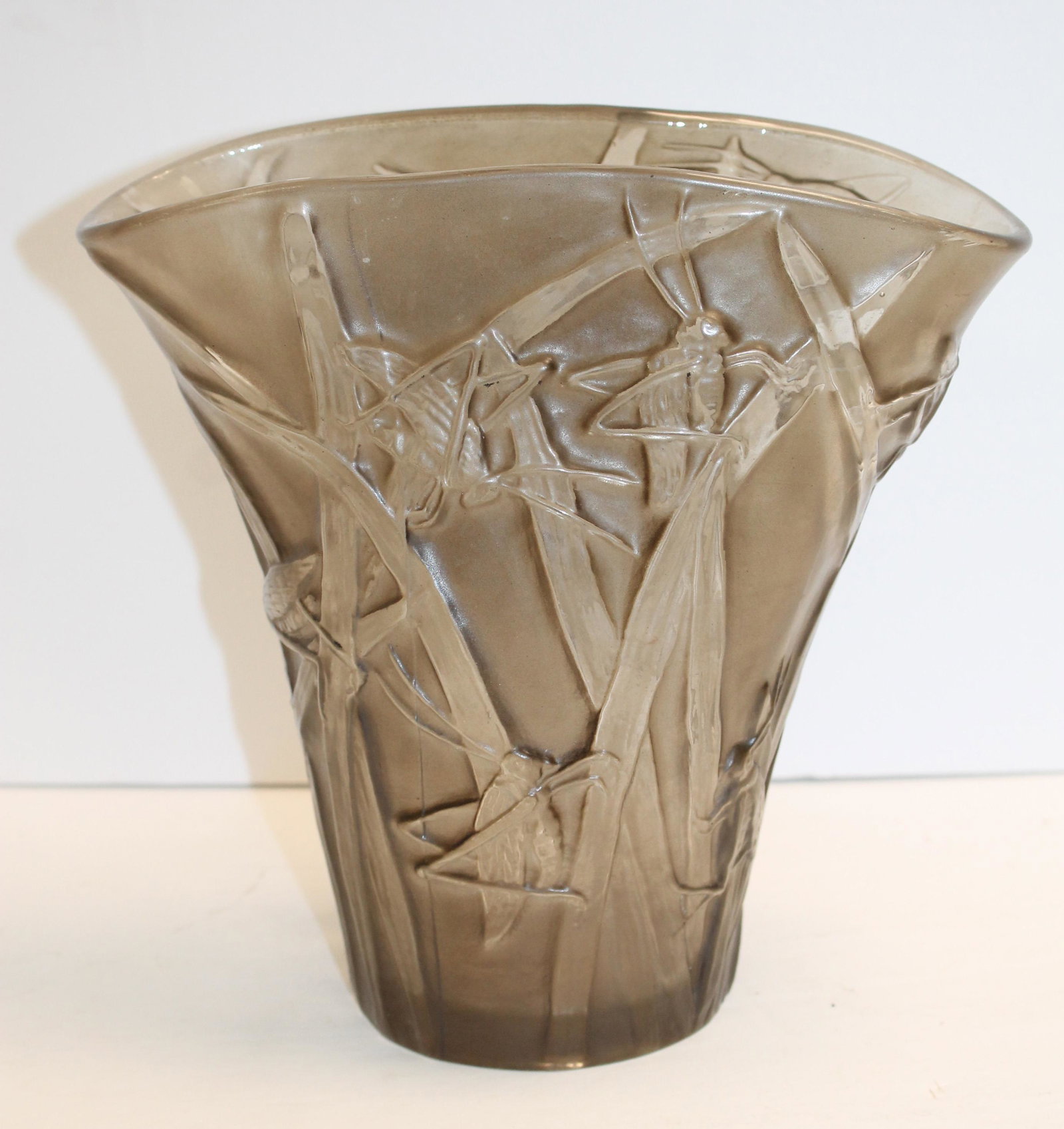 Art Deco Phoenix glass opaque flared vase w grasshopper dec - 7 3/4" tall x 8" wide: Art Deco Phoenix glass opaque flared vase w grasshopper dec - 7 3/4" tall x 8" wide