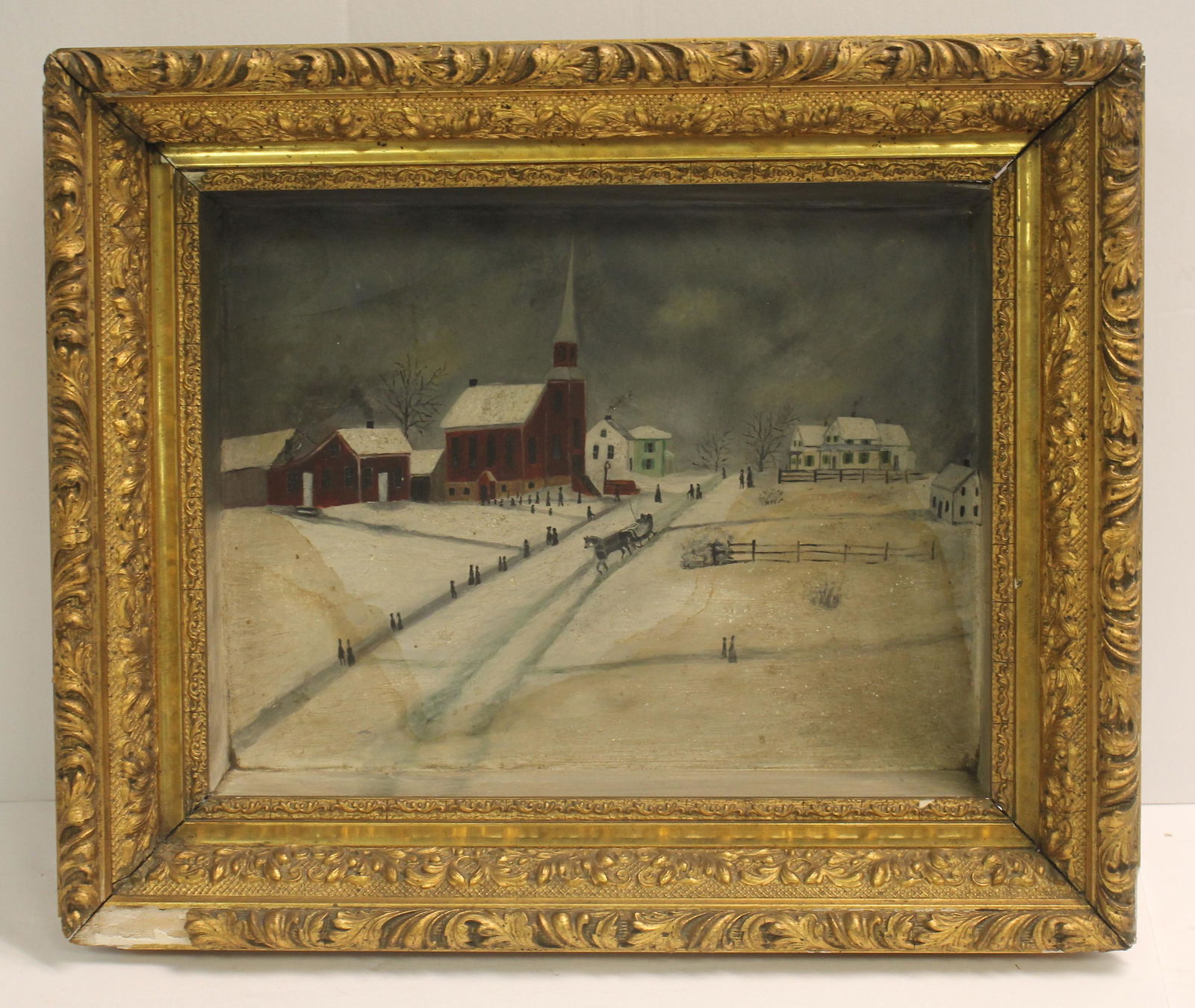 19thC. Primitive Oil on Tin of Sunday Morning in Norway, Maine. This piece was found in a home in (1 of 7)
