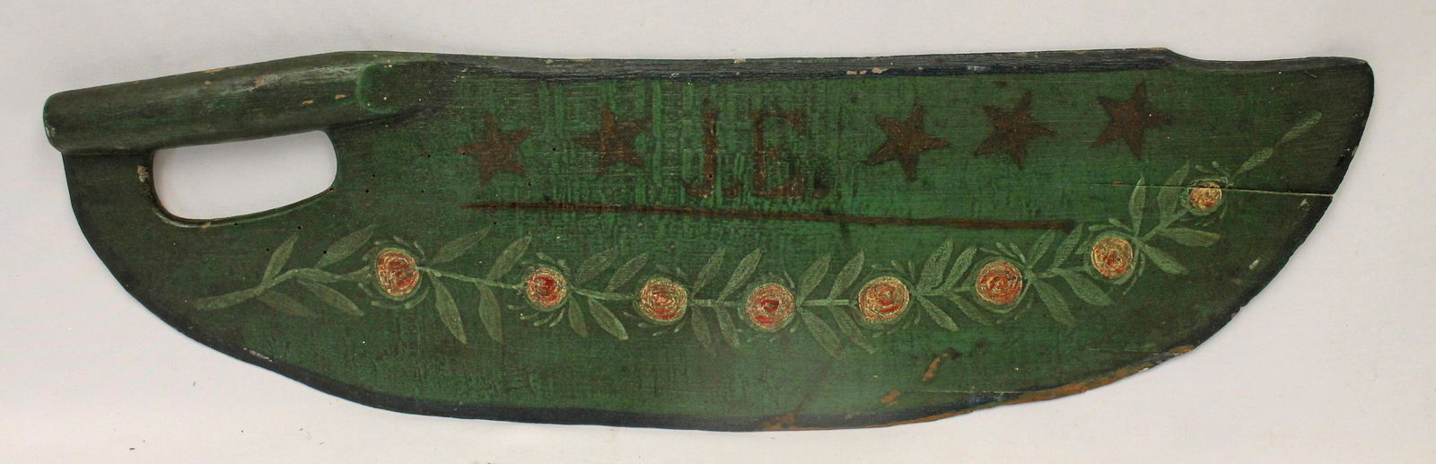 Carved And Painted 19th Cen Wooden Scutching Knife. 22" long (1 of 5)