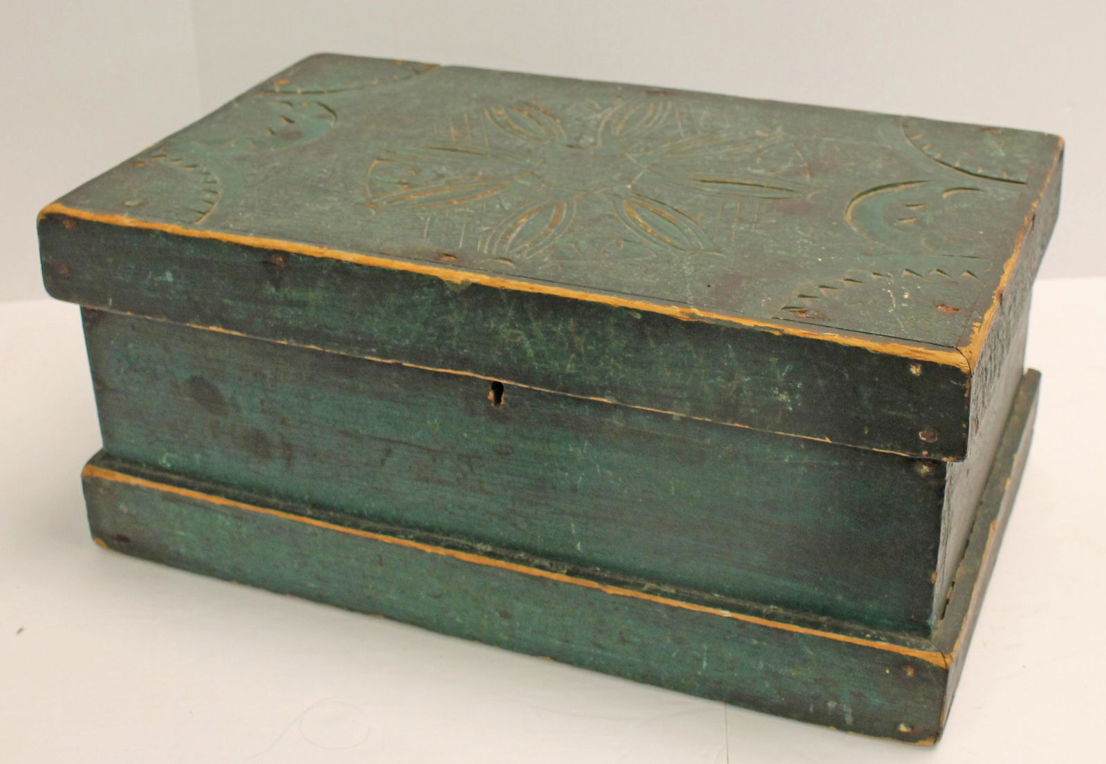 Antique carved document box in green paint w large pinwheel & chip carved dec on lid - 17" wide x 10 (1 of 9)