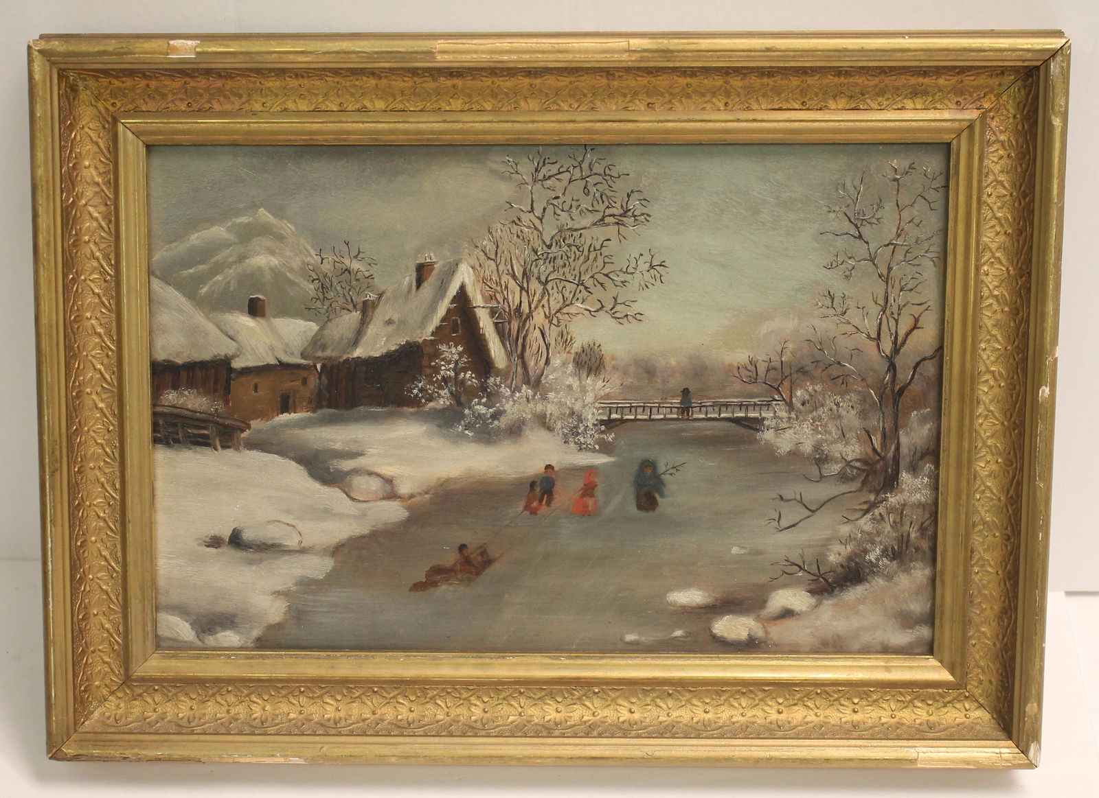 Charming Small 19thC O/B Primitive Winter Scene with Skaters - 10 1/2'' x 14 1/4'' overall framed (1 of 7)