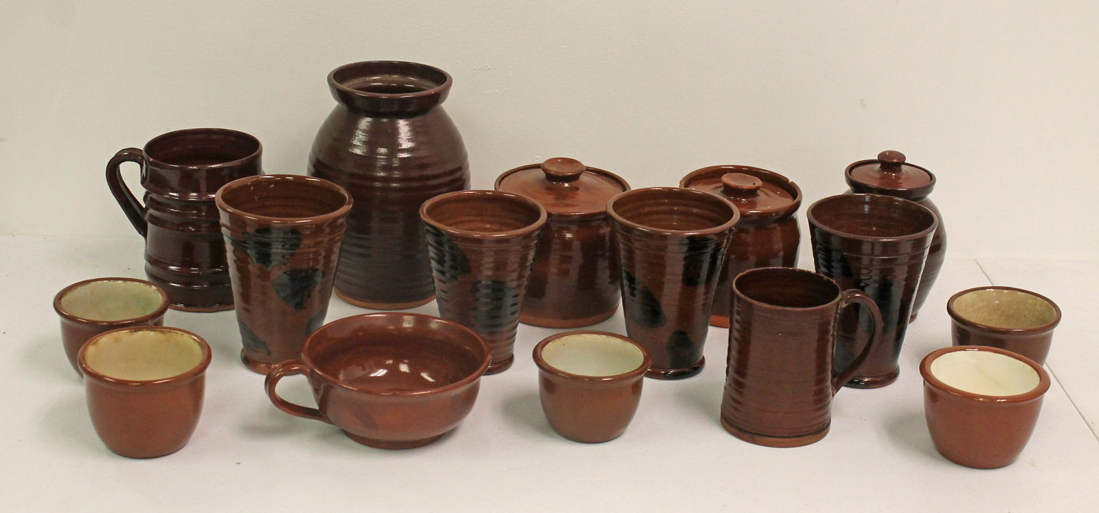 Large lot of comtemporary redware pottery incl cups, mugs, jar, sugars, porringer, ramekins, etc - (1 of 15)