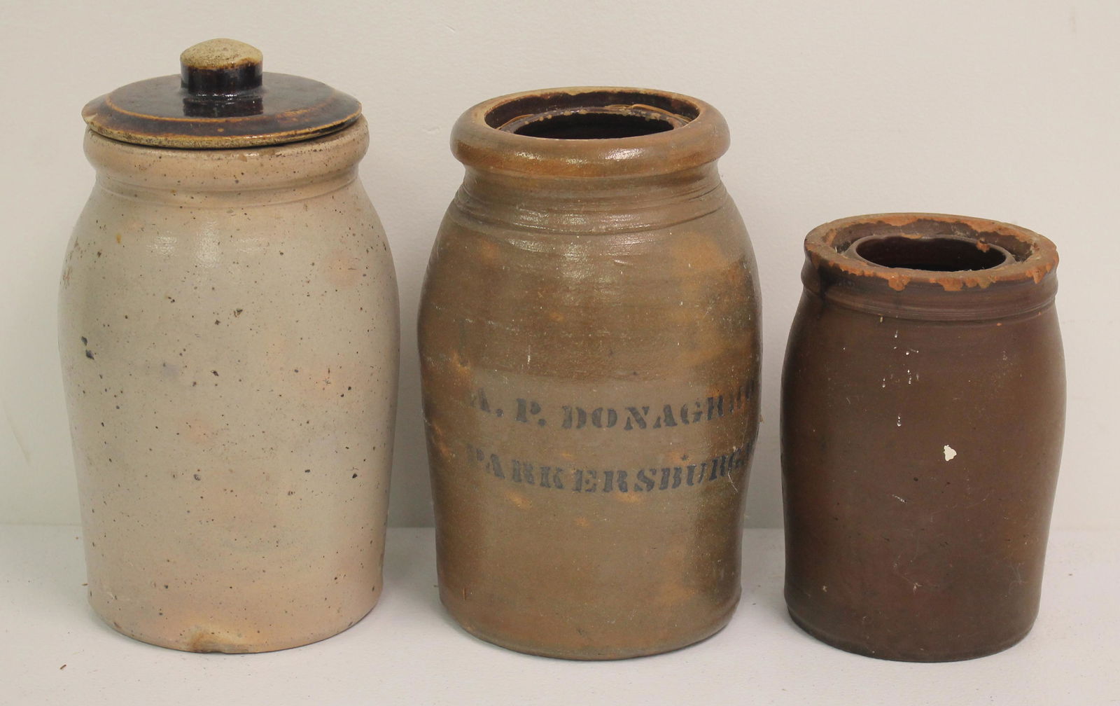 Lot of 3 stoneware jars incl 1 merchants example "A.P Donohoe Parkersburg, WV" - approx 6 1/2", 8 (1 of 12)