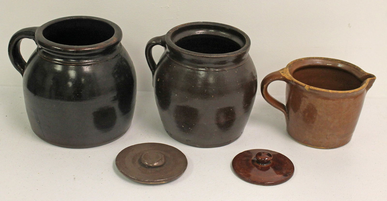 Lot of 3 stoneware items incl 2 bean pots & a milk pitcher - 6" & 6 1/4" bean pots & 4 1/2" pitcher (1 of 14)