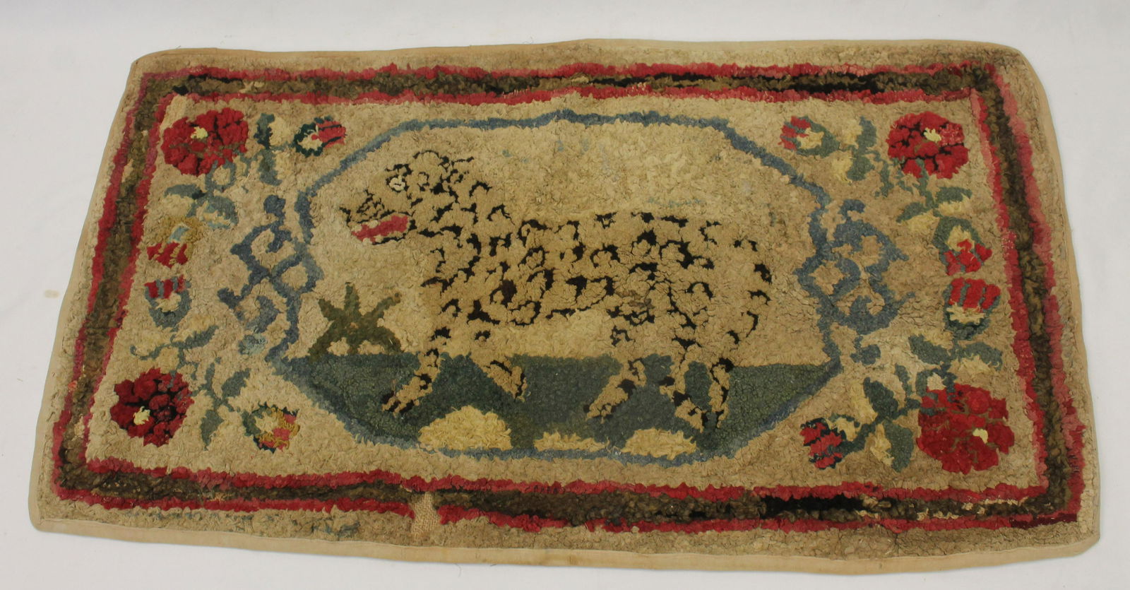 19th Century Leopard Shirred Hooked Rug. Loss & Repair, Backed & Bound, Good Visual condition. 23" x (1 of 8)