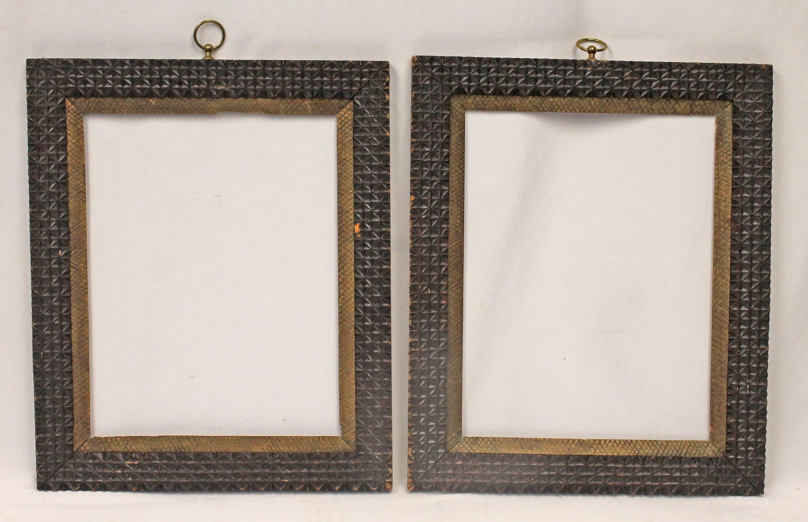 Pair 19thC Carved Folk Art Frames with brass Hangers. 17" x 14" overall, 14"x 11" inside (1 of 7)