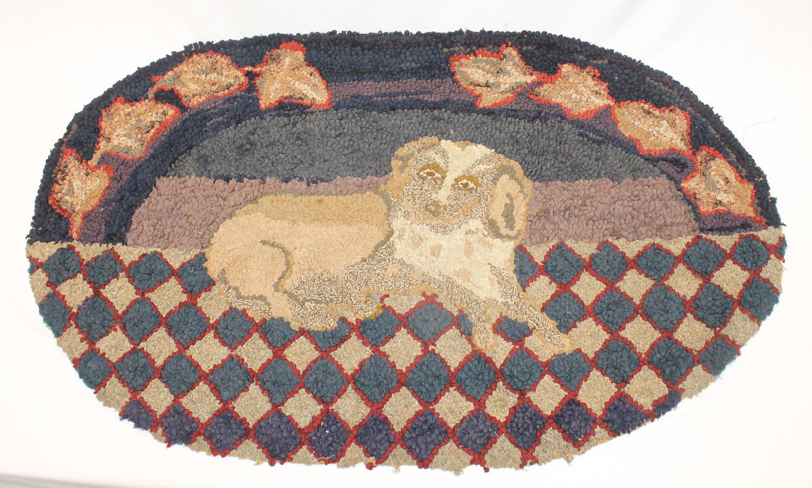 19th Cen Dog on Tile Floor Hooked Rug. Good condition, normal wear. 26" x 42" (1 of 8)