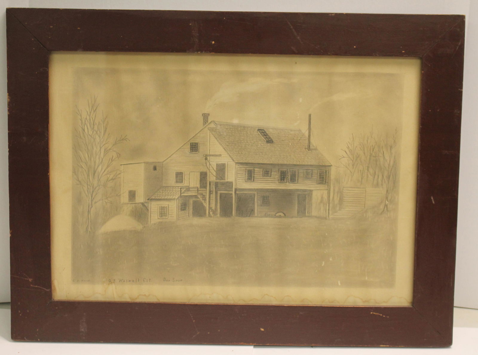 C.A. Mason 19thC Framed Pencil Drawing of Osgood R Wiswall's Sawmill & Box Shop in Marlborough, NH. (1 of 10)