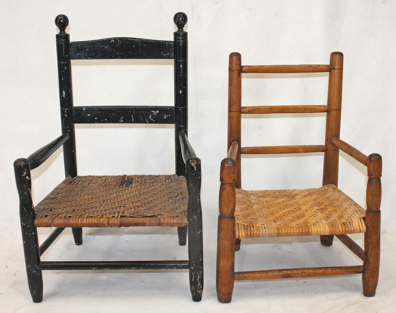 Lot of 2 child's ladderback armchairs w cane seats - 1 in black paint (1 of 7)