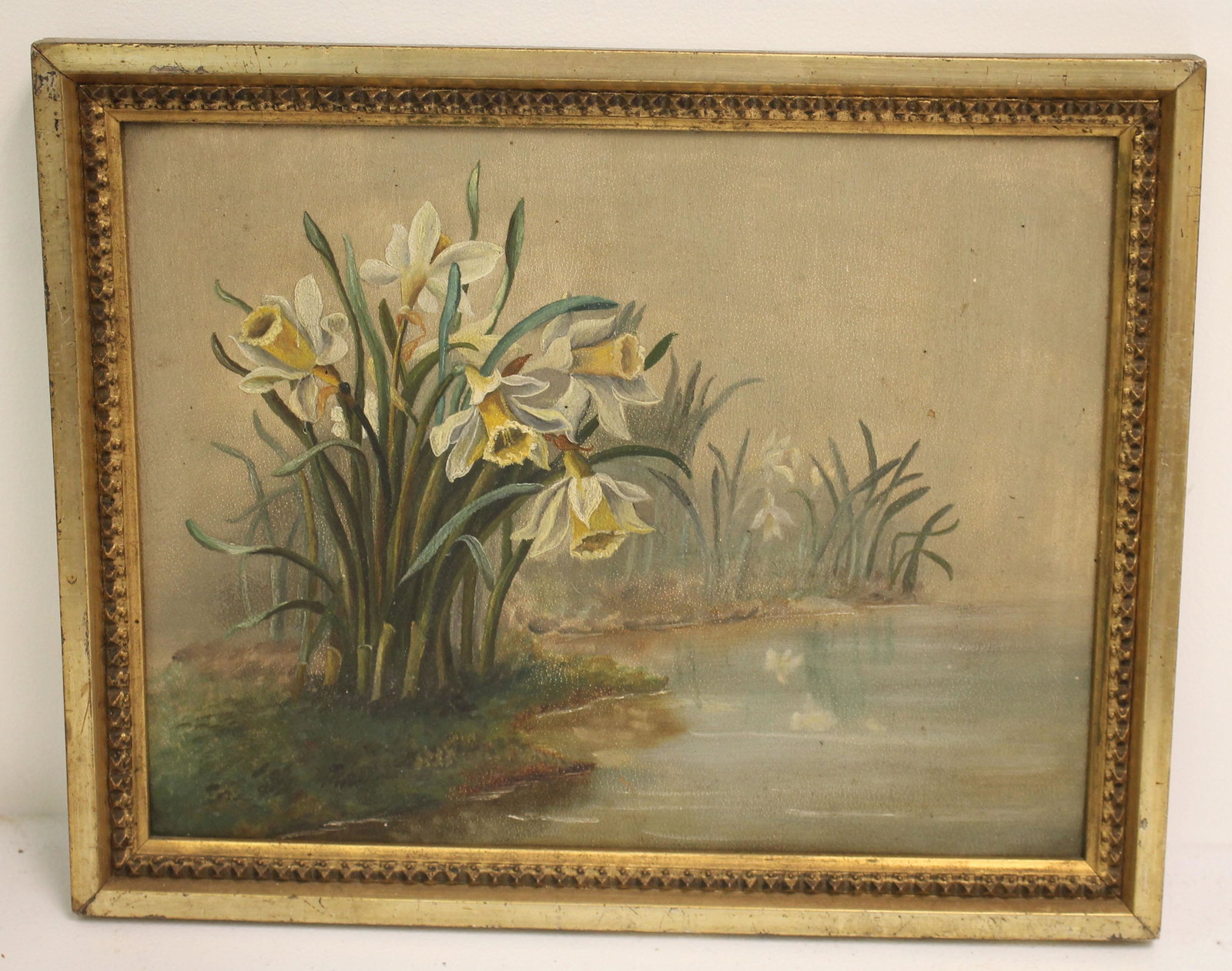 Antique o/bd of daffodils by a brook - 9 1/2"x12 1/4": Antique o/bd of daffodils by a brook - 9 1/2"x12 1/4"
