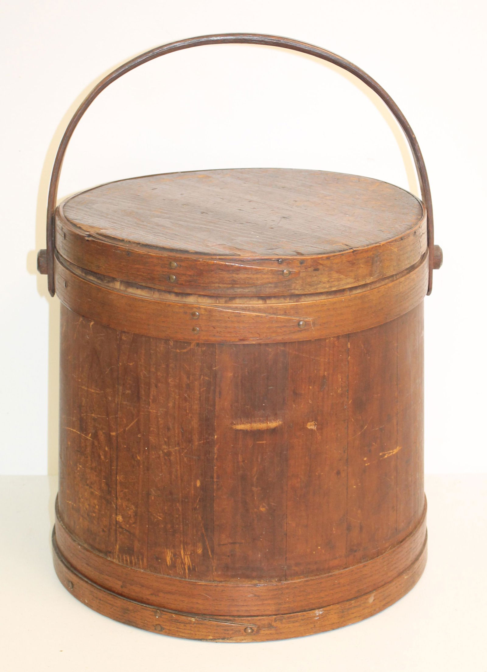 Large wooden firkin bucket w lid in natural brown stain - 14 1/2" tall x 14" diam (1 of 6)