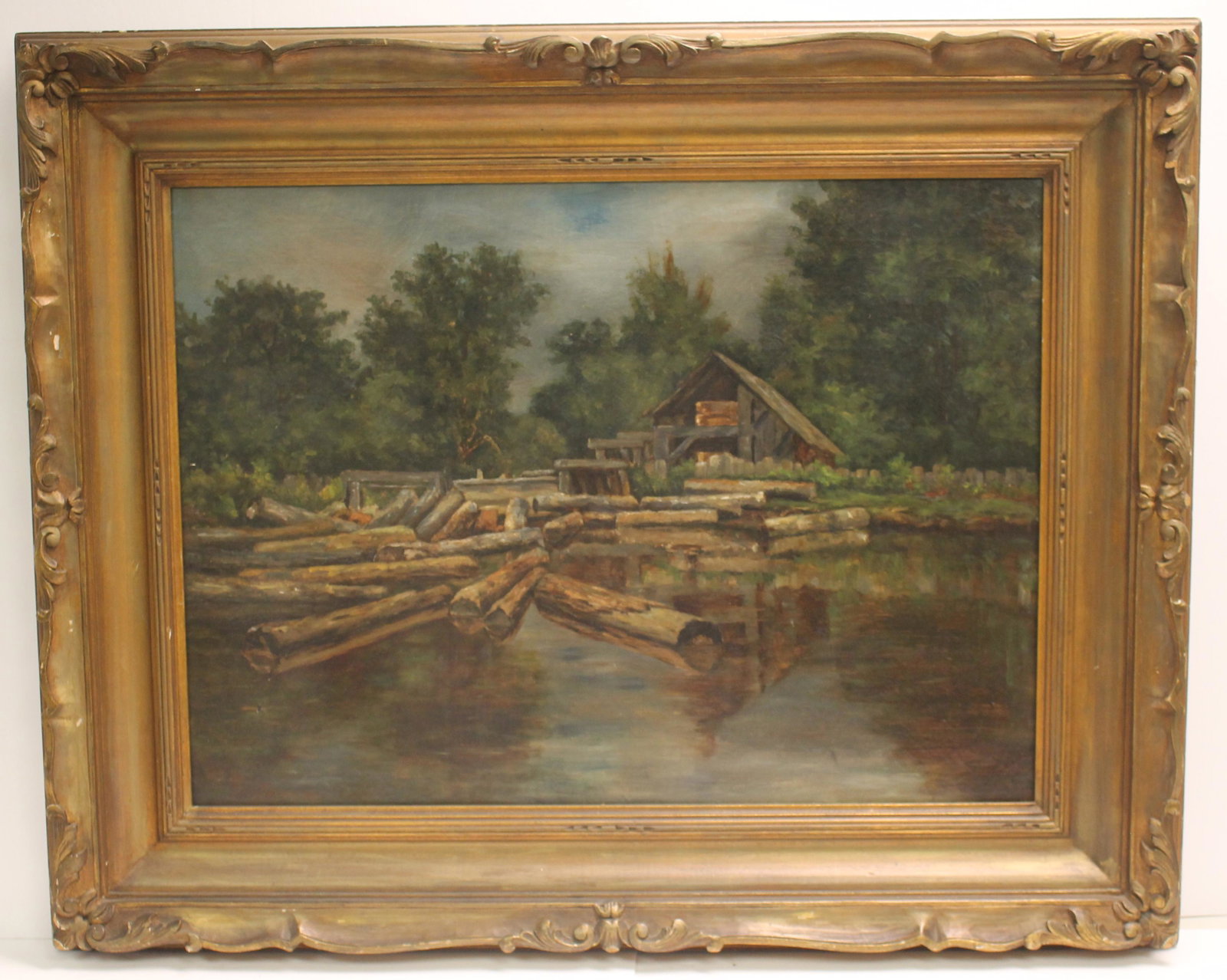 19thC Oil on Canvas Log Drive and Mill. 21" x 29" canvas. 30 1/2 x 38" Frame. very good original: 19thC Oil on Canvas Log Drive and Mill. 21" x 29" canvas. 30 1/2 x 38" Frame. very good original condition