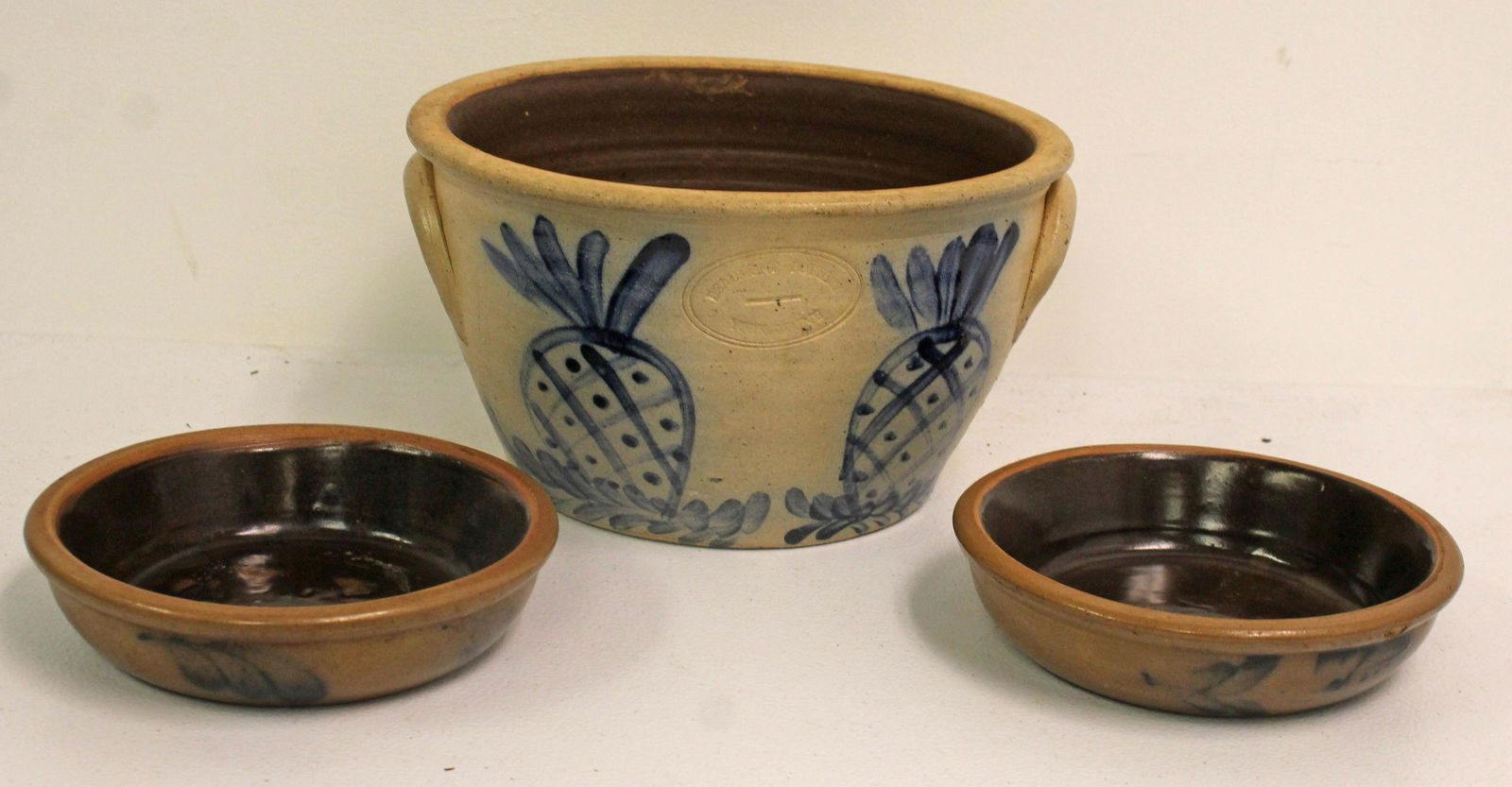 Lot of 3 pcs contemporary cobalt dec stoneware items incl large 9 1/4" diam bowl w pineapple dec & 2 (1 of 7)