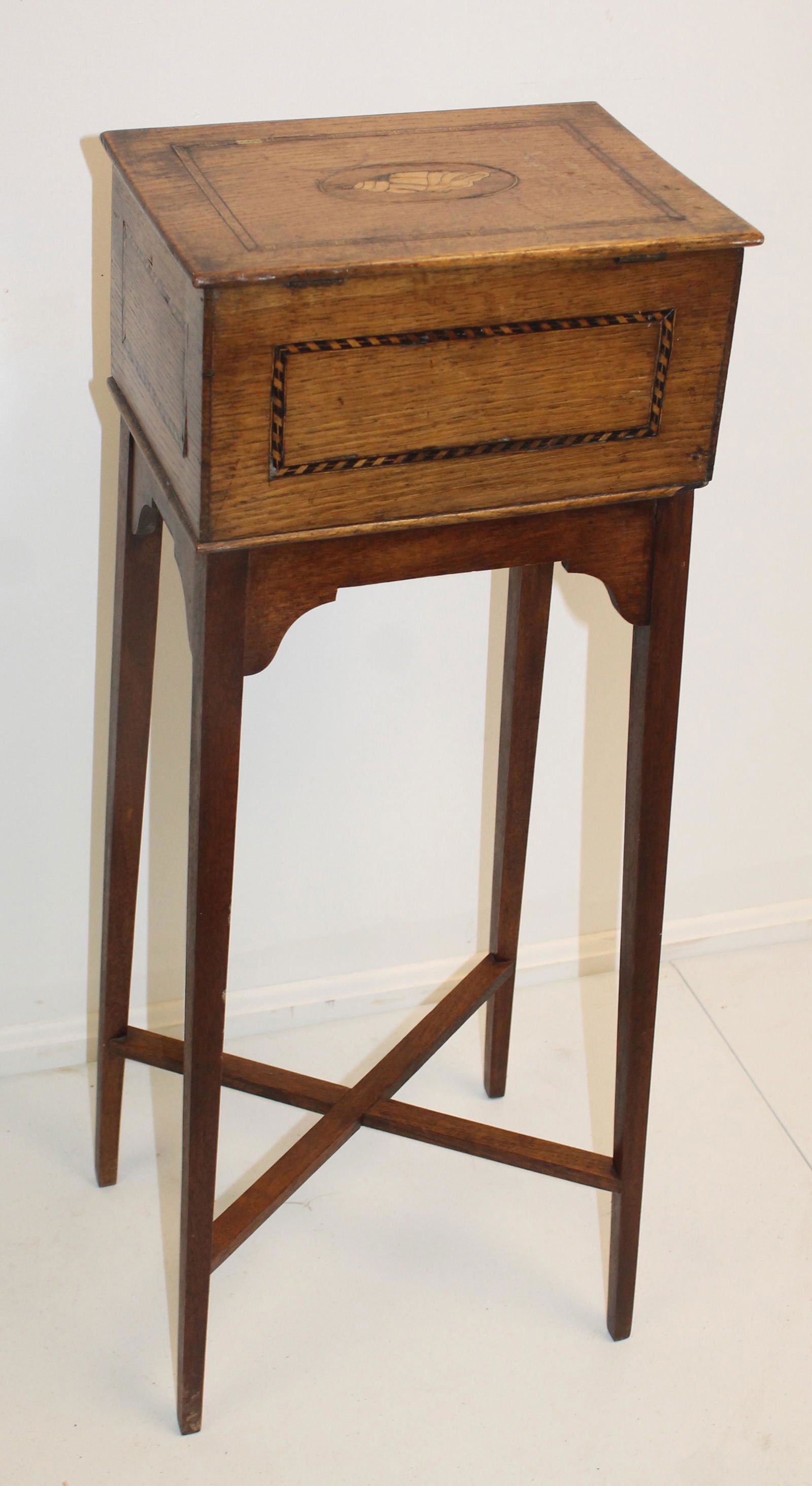 Interesting form inlaid lift top box mounted on splay leg stand - 32" tall - 13"x12" at base (1 of 4)