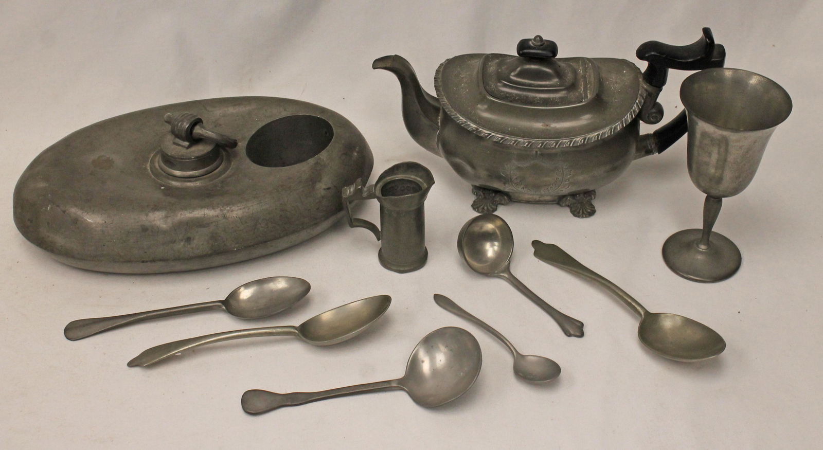 Pewter lot incl bedwarmer, chalice, measure, Dixon & Son teapot, spoons & ladle (1 of 7)