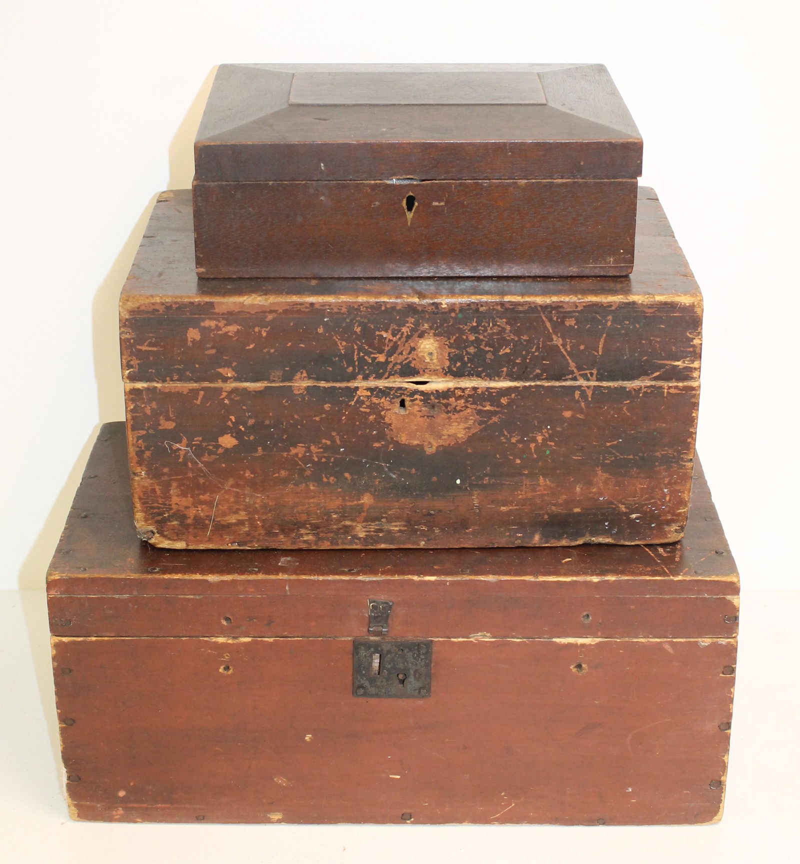 Stack of 3 wooden boxes incl largest in red paint 18"x10" x 8" tall, middle in red & black grain (1 of 8)