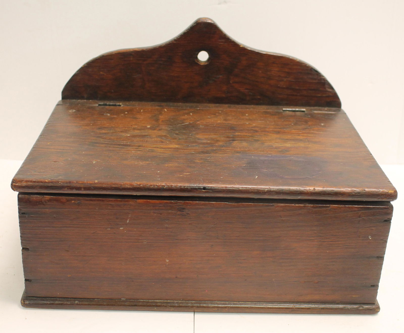 Antique lift top utensil box w scrolled back crest - 9" tall x 13" wide x 9" deep (1 of 4)