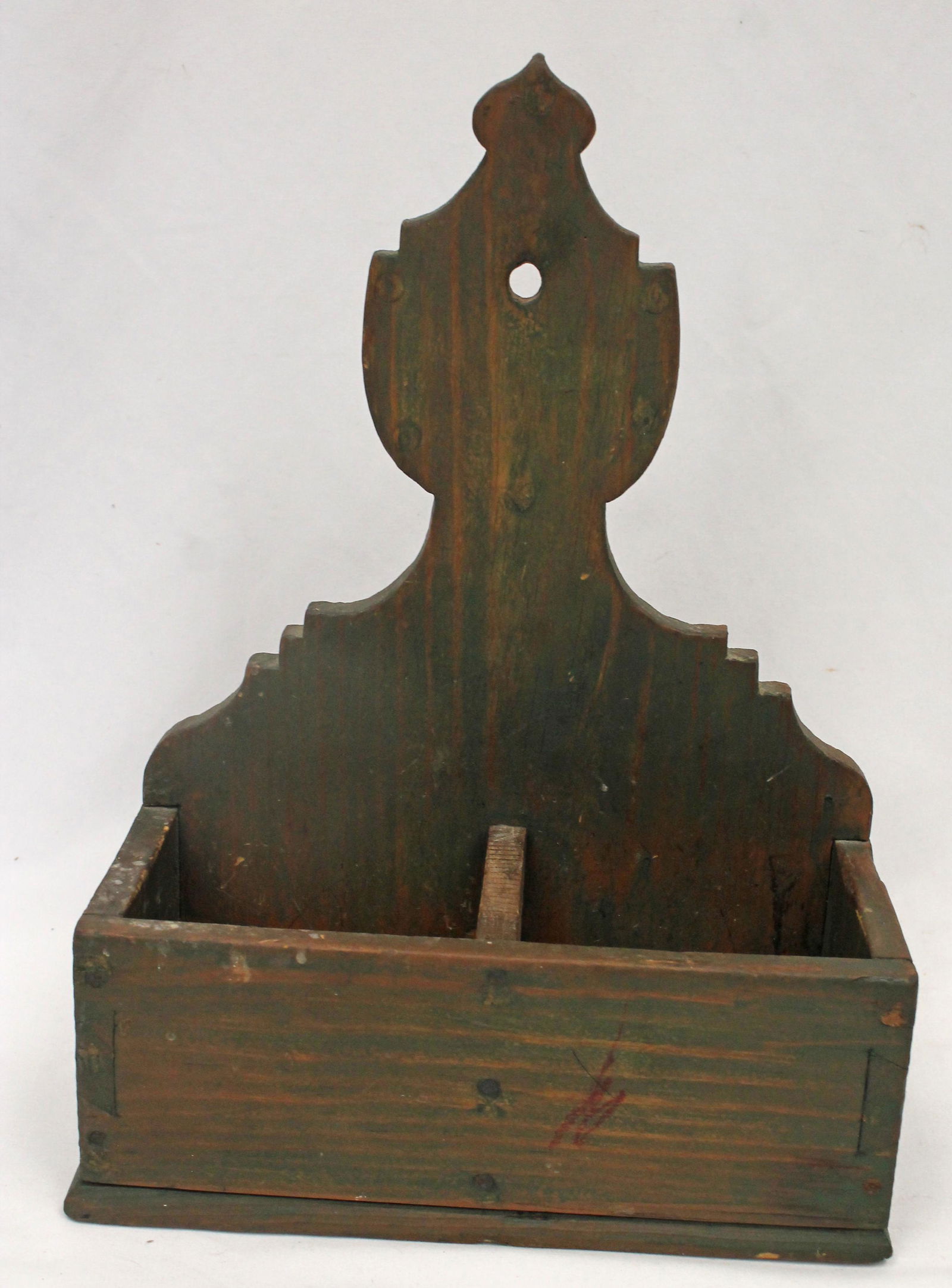 19thC Dovetailed Wall Box with Urn Finial Back, Worn Green Paint. 13 1/2" tall 9 1/2" wide (1 of 6)