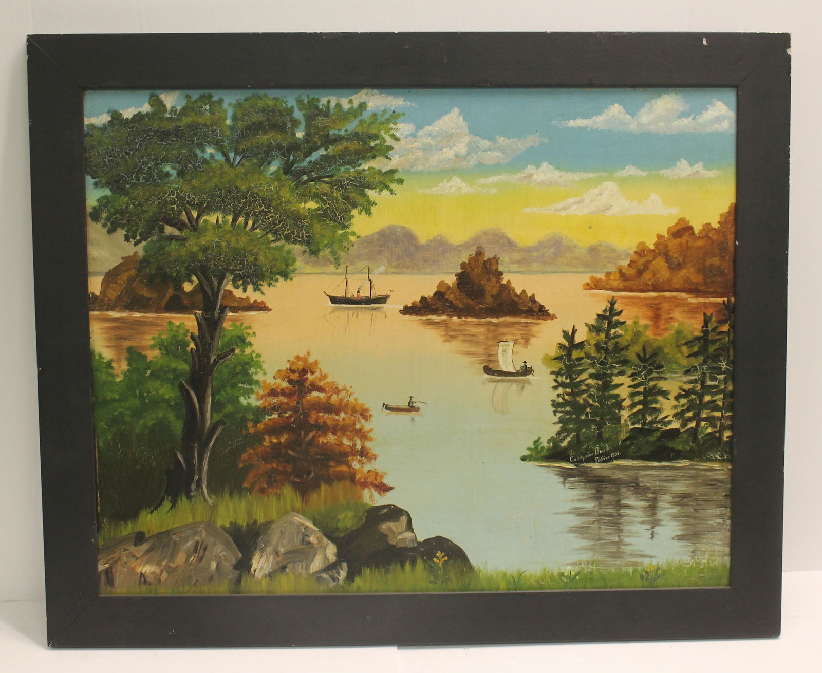 19thC Oil on Board Primitive Lake Scene Signed Catherine Bouille 1896. Very Good as found condition. (1 of 9)