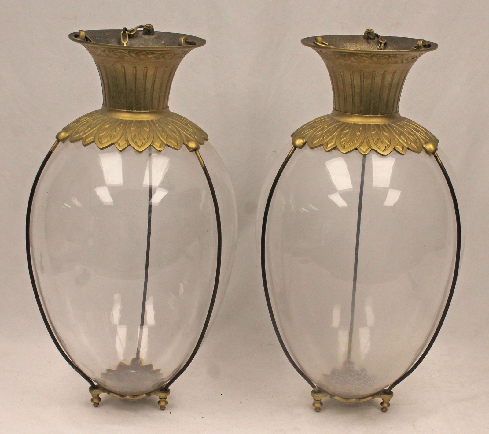 Interesting pair of glass & brass apothecary hanging light fixtures (1 of 7)