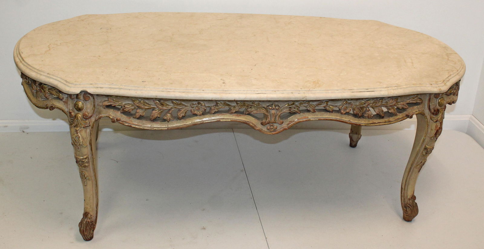 French Provincial marble top coffee table from the Grammercy Park Manhattan Hotel - 18" tall x 50" (1 of 4)