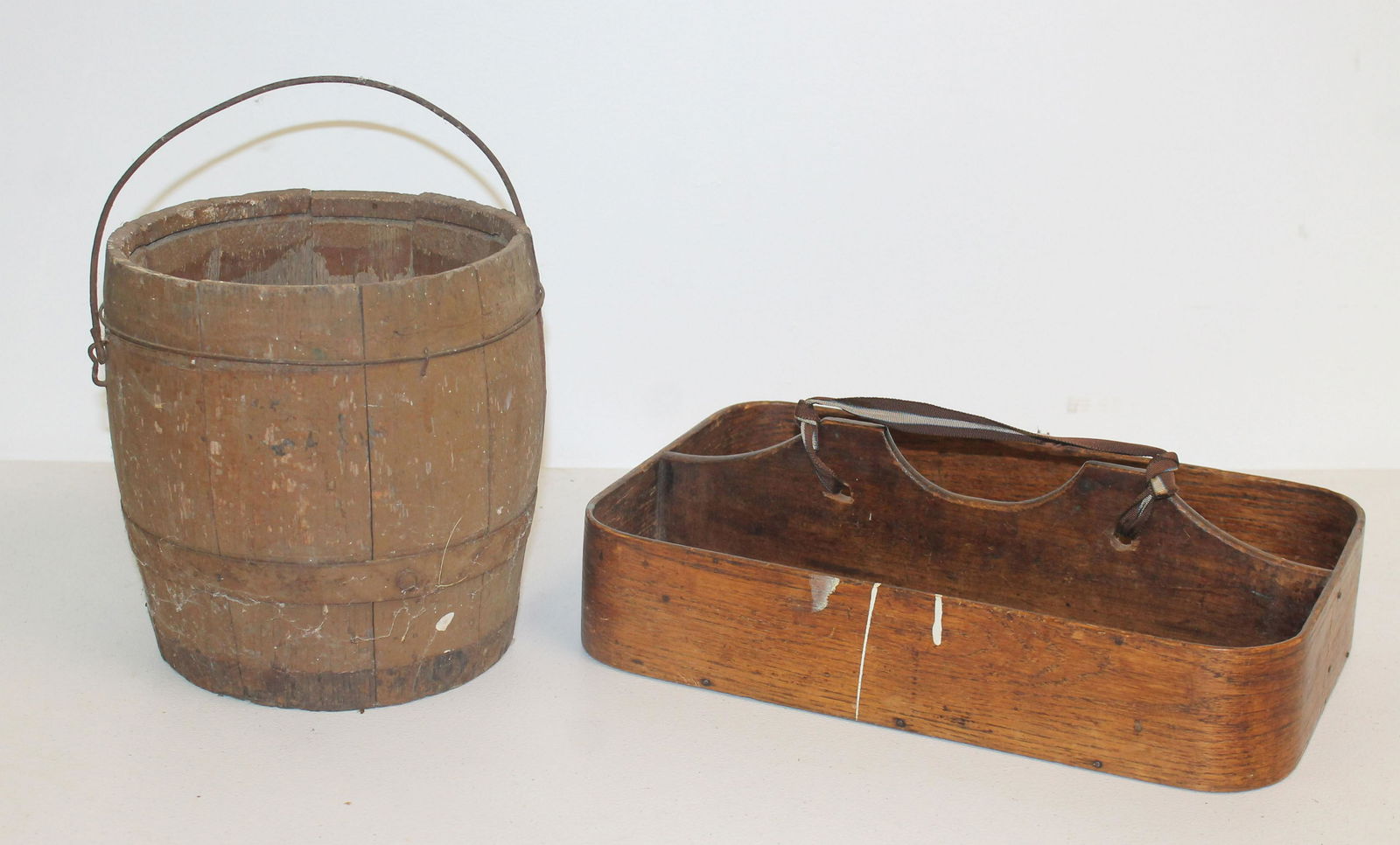 Antique wooden utility lot incl utensil carrier & small barrell - 13"x8 1/4" & 7 1/4" tall x 7" diam (1 of 6)