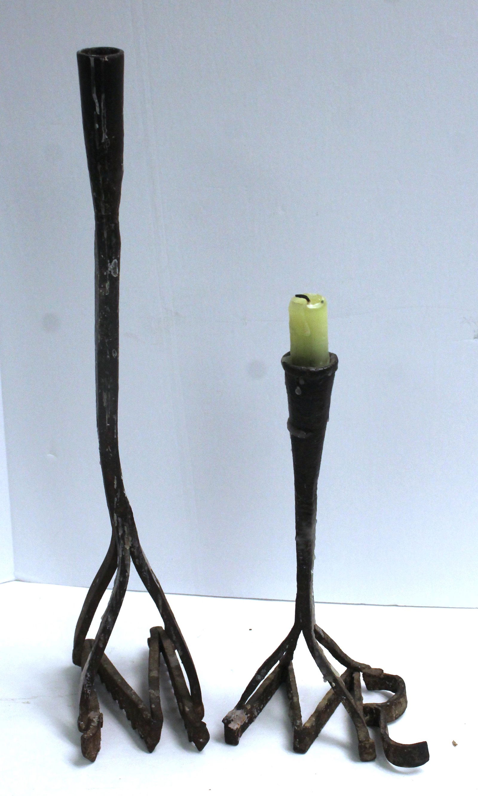 2 antique primitive style branding iron form candle holders - "M" & "RM" - 11" & 17" long (1 of 5)