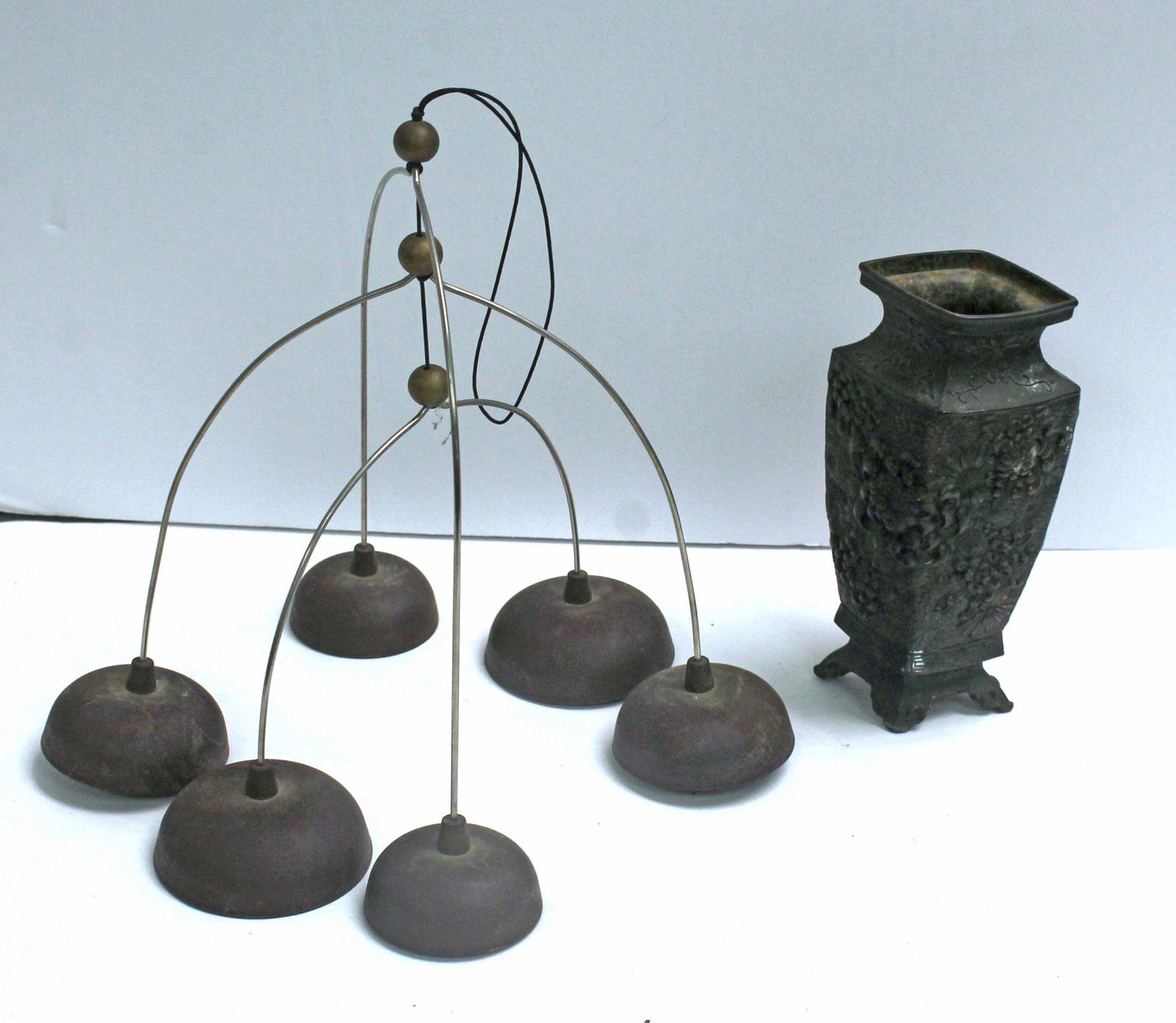 Asian lot incl small bronze 6" vase w raised floral dec & interesting bell w 6 bronze gongs - approx (1 of 7)