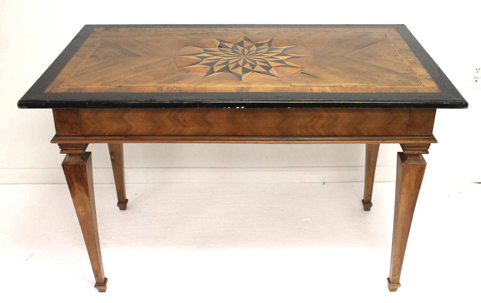 Vintage heavily inlaid table w center star inlay dec - has glass piece to cover & protect top - 31": Vintage heavily inlaid table w center star inlay dec - has glass piece to cover & protect top - 31" tall x 48 1/2" wide x 28 1/2" deep