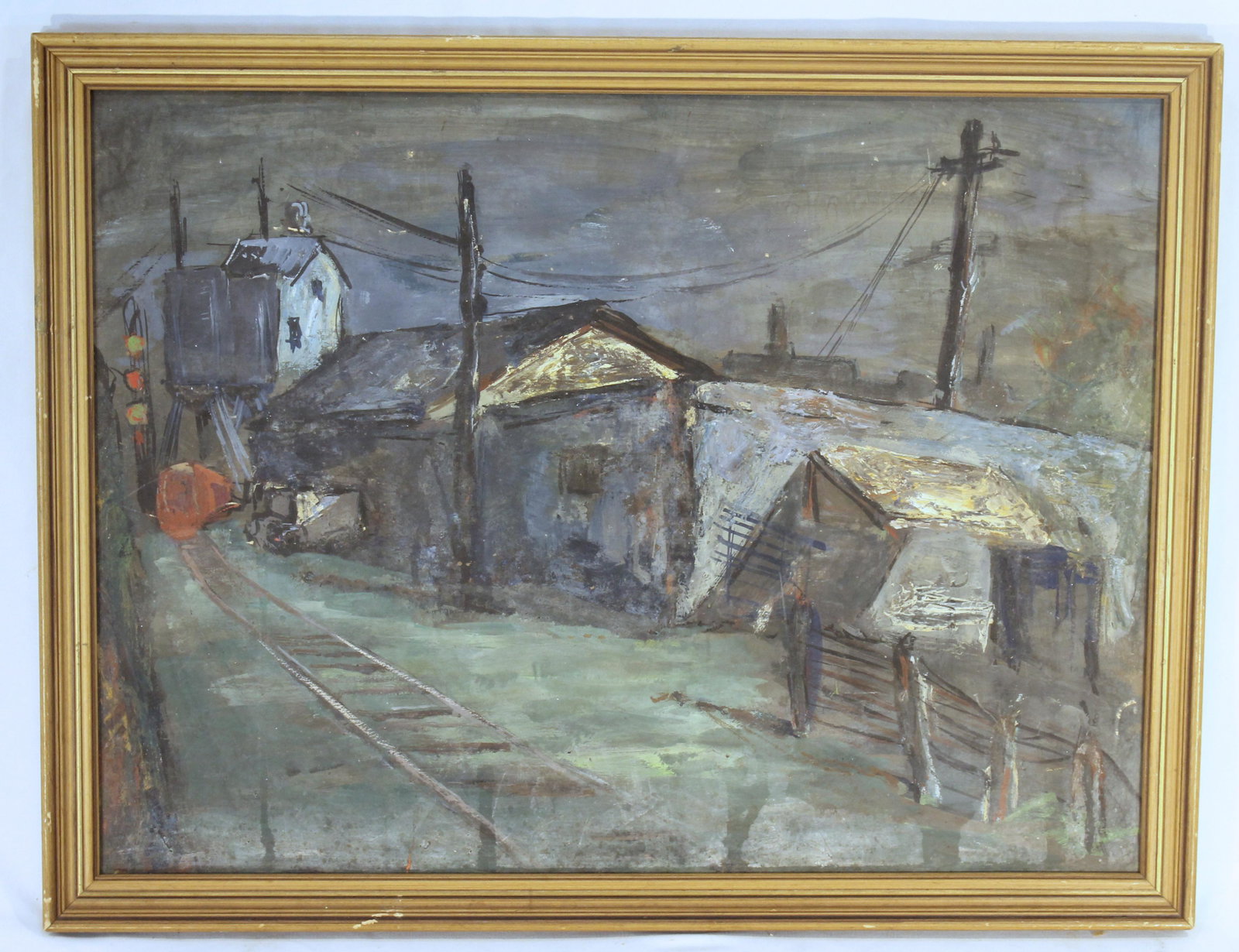 Unsgnd 15"x20" o/bd train yard scene: Unsgnd 15"x20" o/bd train yard scene