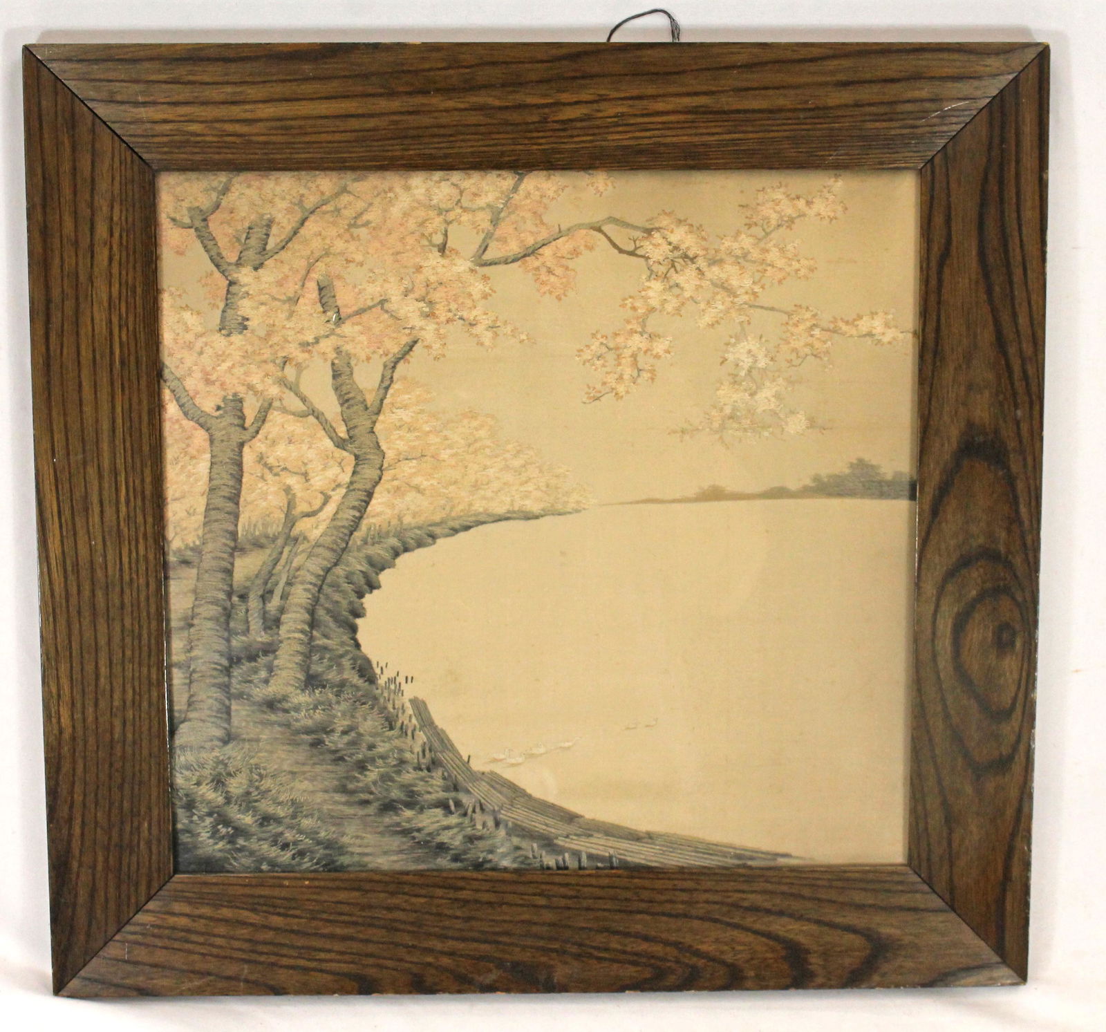 Asian silk embroidery w ducks in a pond surrounded by cherry trees - overall framed size 15 1/2"x16" (1 of 6)