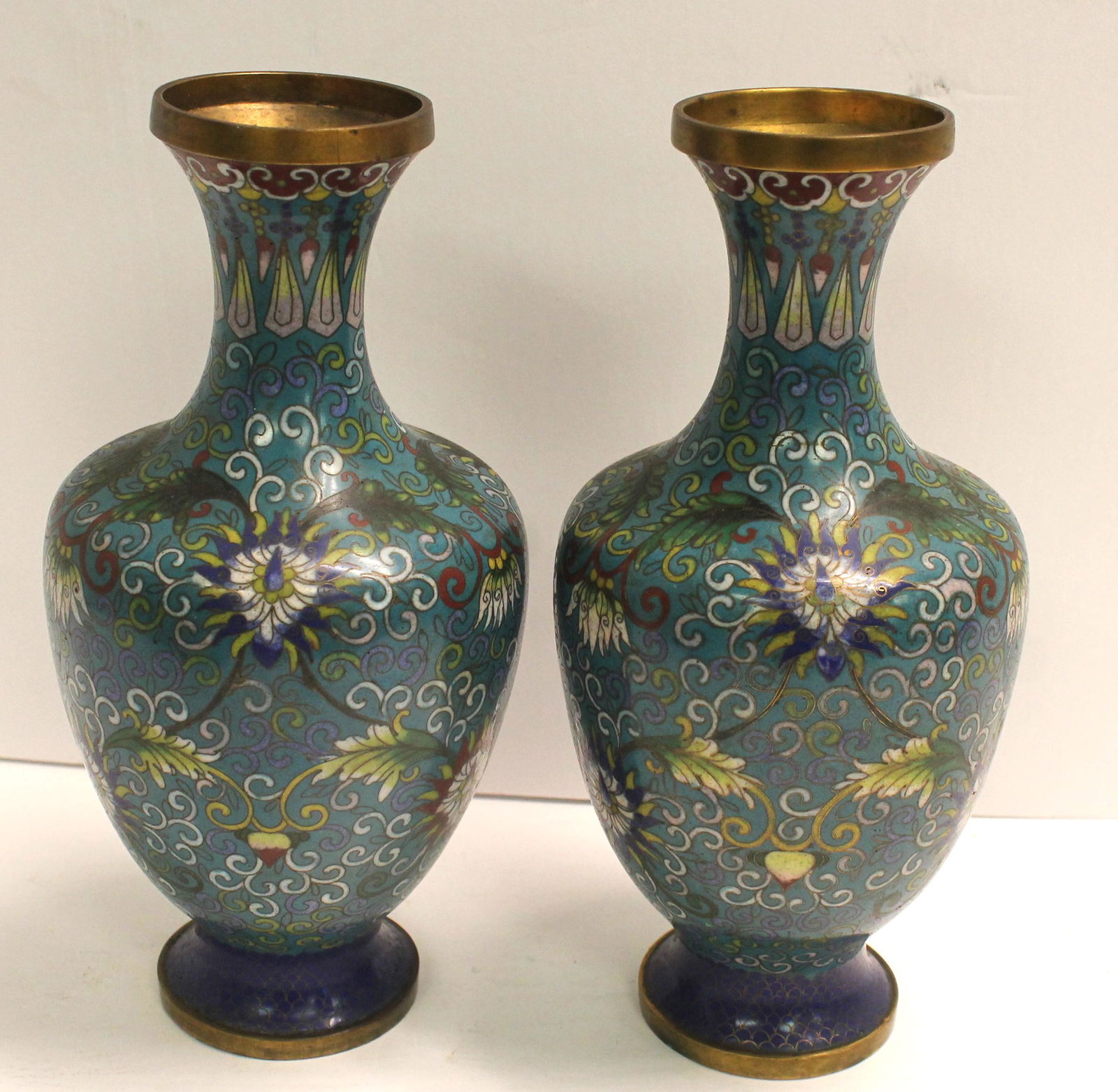 Pr of Chinese Cloisonne vases w brass rim & base - 9 1/2" tall (1 of 5)