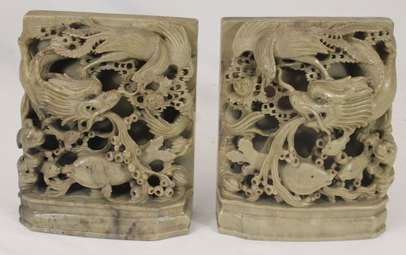 pr of carved Asian soapstone bookends w dragons, fish, birds etc decoration - 9" tall x 7" wide (1 of 6)