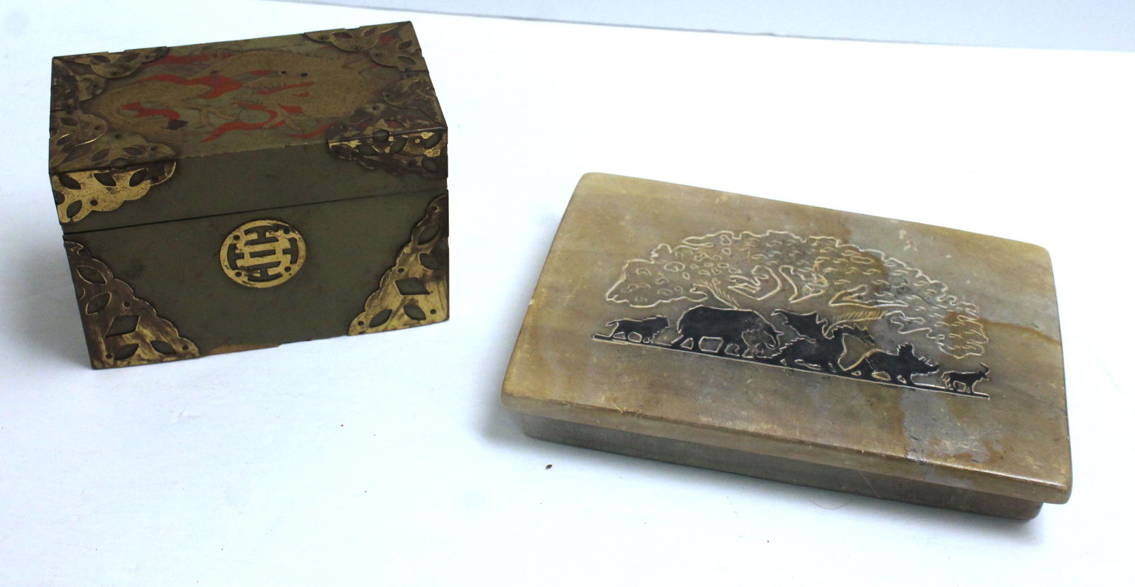 Lot of 2 boxes - 1 carved stone w etched tree & animals on lid (Made in Kenya) 6 1/4"x4 1/4"x1" & (1 of 9)
