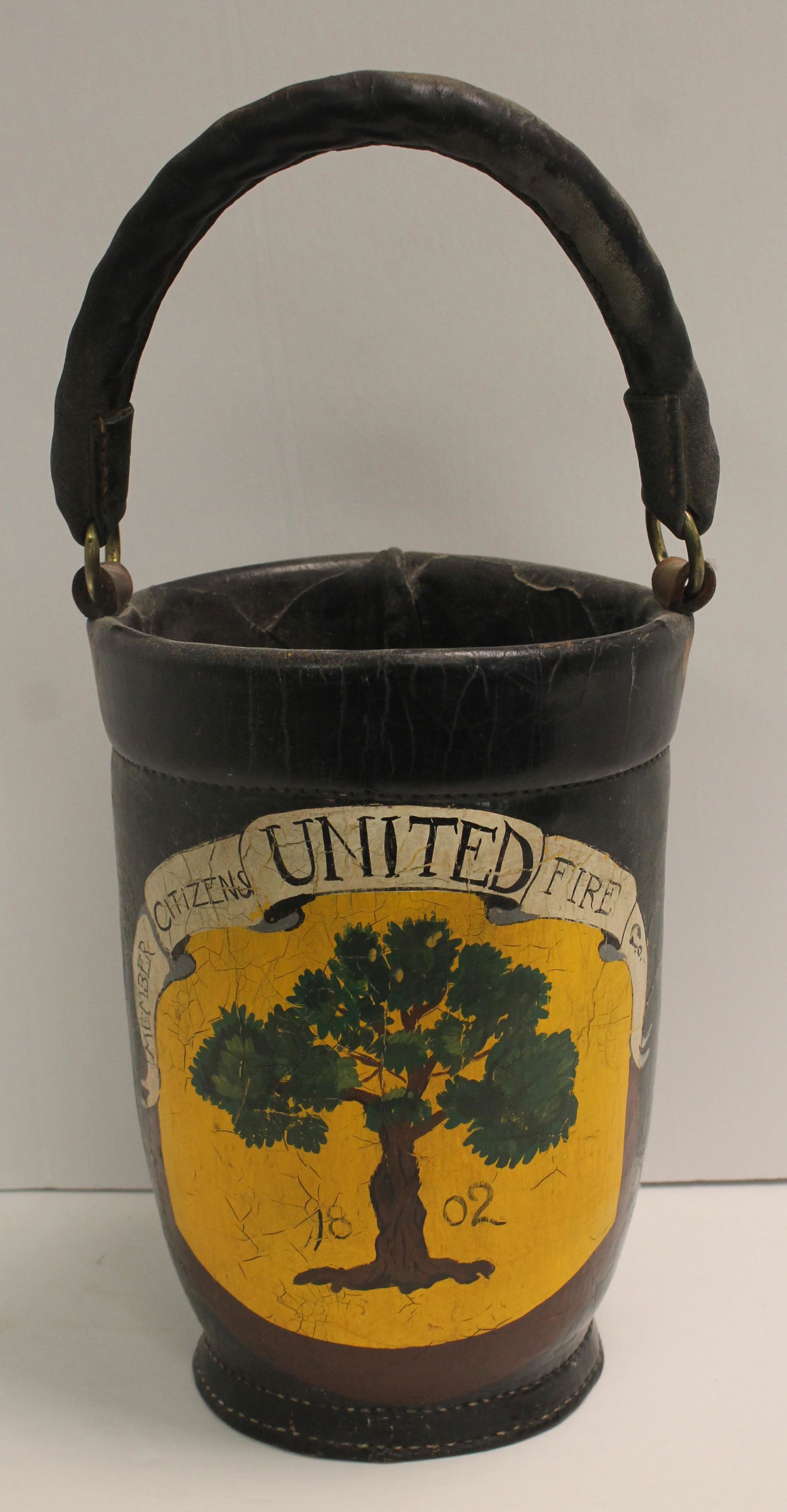 Reproduction leather fire bucket w painted decoration - 11" tall: Reproduction leather fire bucket w painted decoration - 11" tall