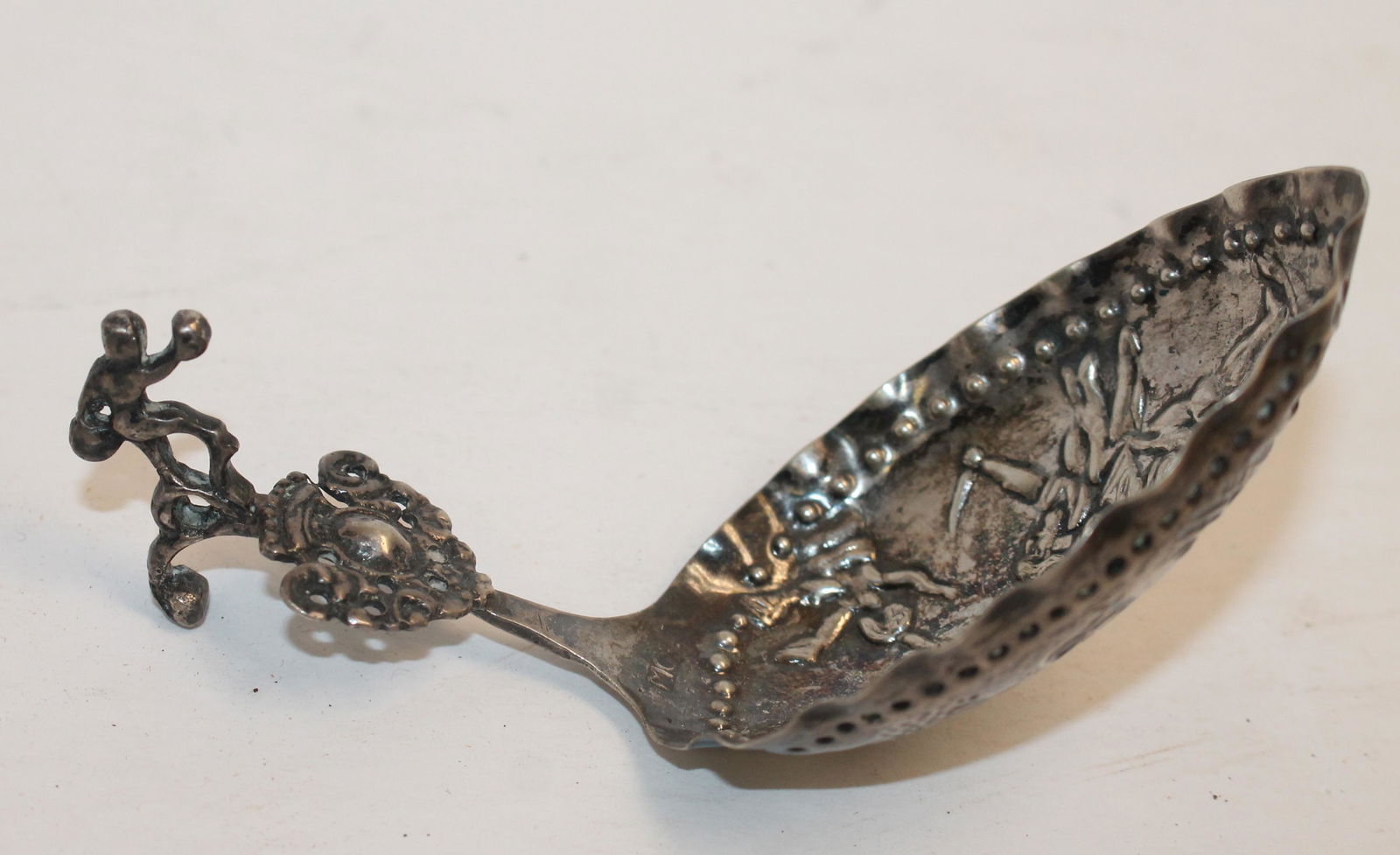 Dutch 833 Silver Papp Spoon Dated 1887. Repousse Decorated with Christian Scenes, 4 5/8" long Wt 26g (1 of 6)